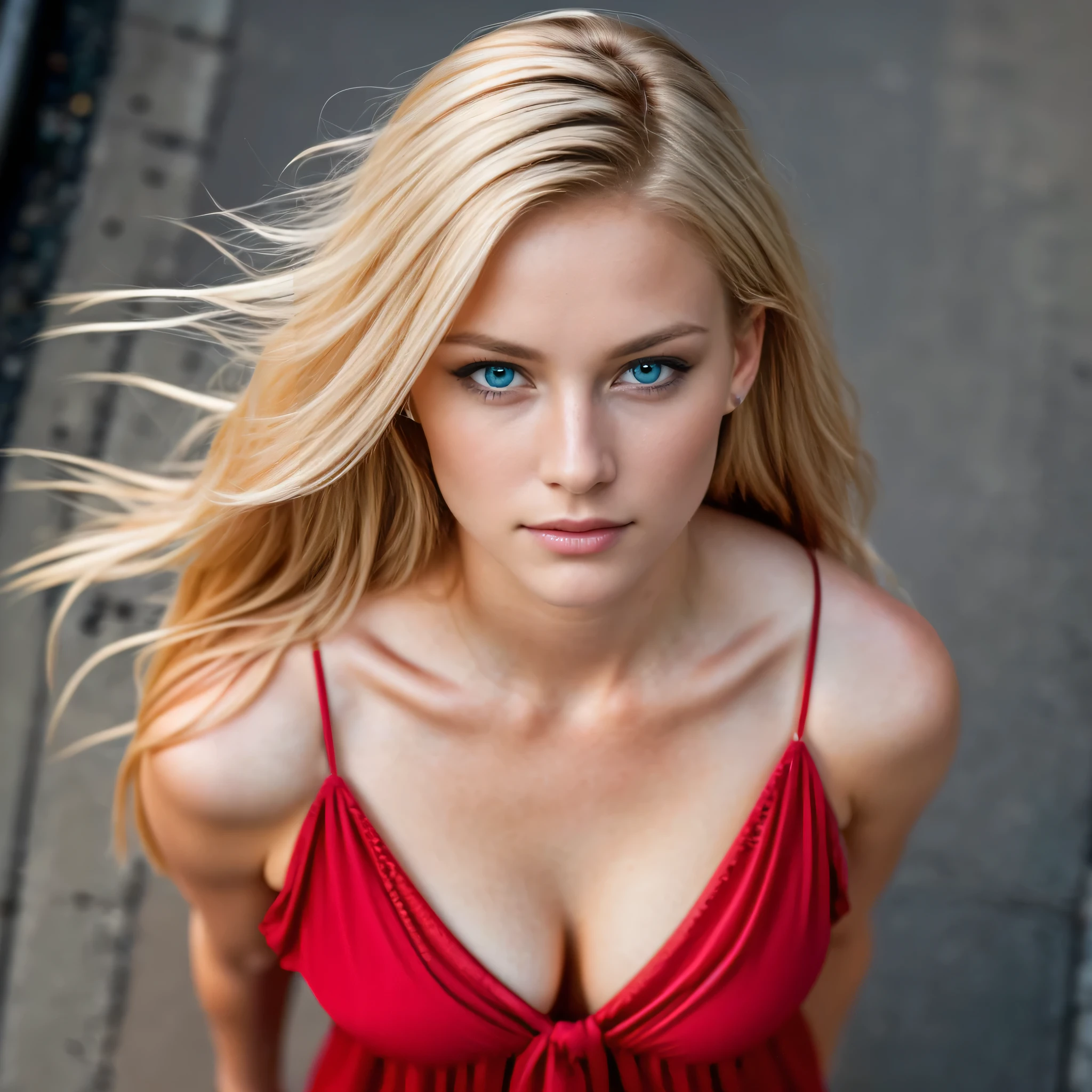 RAW ultra HD portrait photo (taken from above: 1.4) of a 24-year-old blonde woman with blue eyes, striding down a dimly lit, nighttime city alleyway. She is adorned in a captivating vibrant red sundress that effortlessly accentuates her natural figure, with a deep neckline that highlights her cleavage. The intricate details of her textures, hair, shine, and even subtle imperfections are captivatingly captured, offering a hyper-realistic representation of her appearance under the low key lighting. Her highly detailed, glossy eyes gaze directly into the camera, reflecting the specular lighting from the street l