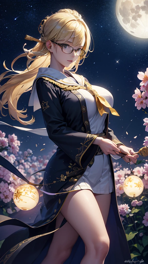 masterpiece, high quality, 4K, Beautiful design, silhouette,blonde, 非常に詳細な夜のStarry Sky,Flower Field, wonderful, Finer details, Very knowledgeable woman, Highly detailed solo, 1 female,Big Breasts,Sailor suit,Thin glasses,Night view,Starry Sky,full moon,
