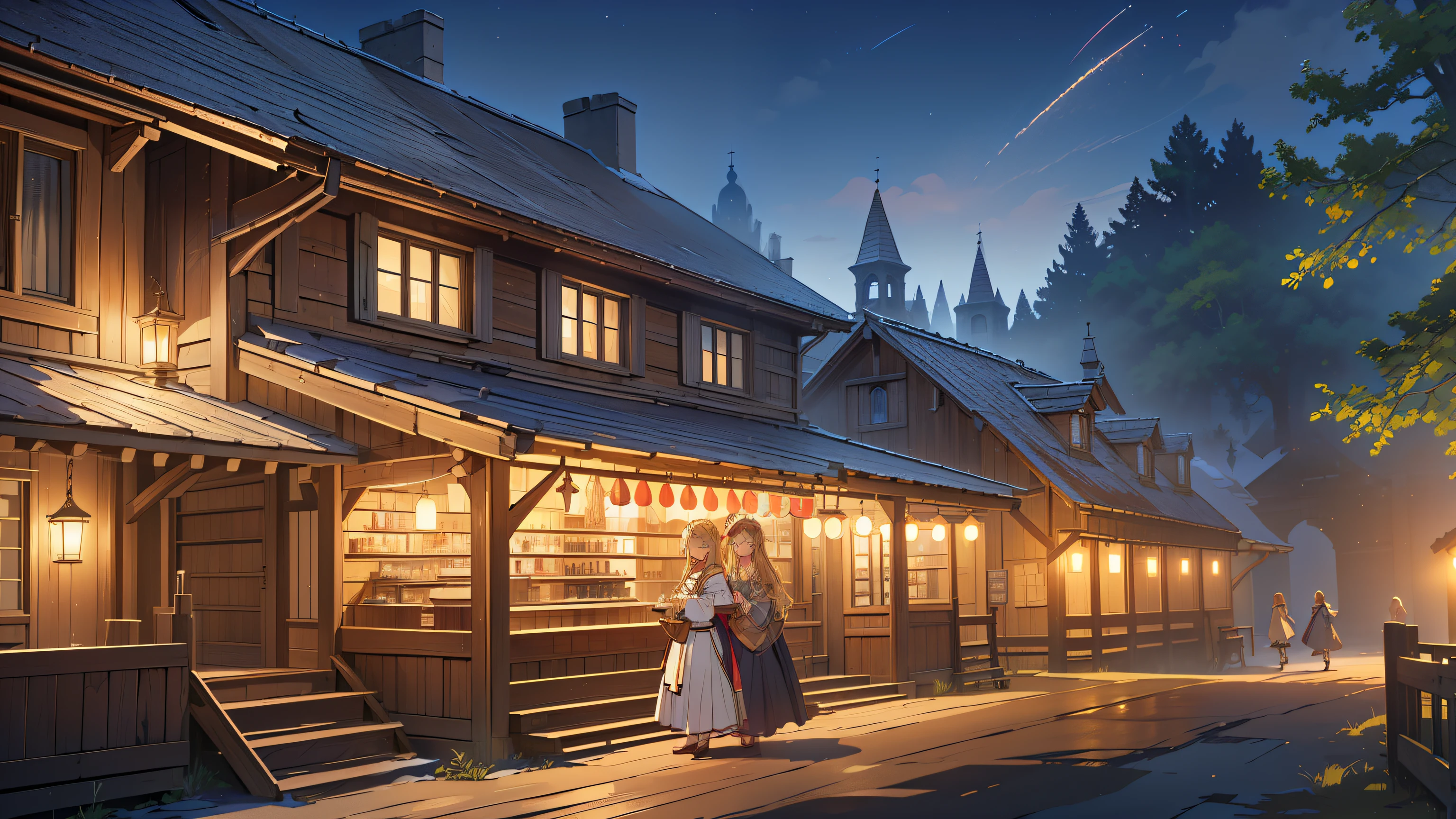 ((Top quality, 4k, 8k, high resolution, masterpiece: 1.2))), (super detailed), (realistic), (photorealistic), (photorealistic: 1.37), (HDR, UHD), (studio (lighting), ultra-fine drawing, sharp focus, physically based rendering, highly detailed, professional, vibrant colors, fantasy, medieval europe, tavern, old tavern in the countryside, (((outdoor))), festival, carnival, festival decoration, fireworks, seating, (((night))), (((dim))), medieval clothing, citizen's rags, long skirt, smile, girl clerk made of wood carrying beer mugs in both hands, long hair, blonde, elf, pointed ears,