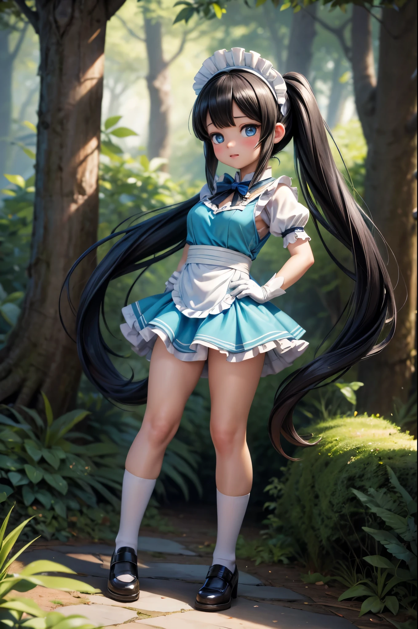 anime character in a white dress with long black hair and blue eyes, Hestia, twintails, white gloves, art style anime moe, a sexy maid in a magical forest, short skirt, wide hips, hands on hips,  aqua from konosuba, anime girl in a maid costume, full body, model anime vtuber, A maid in a magical forest
