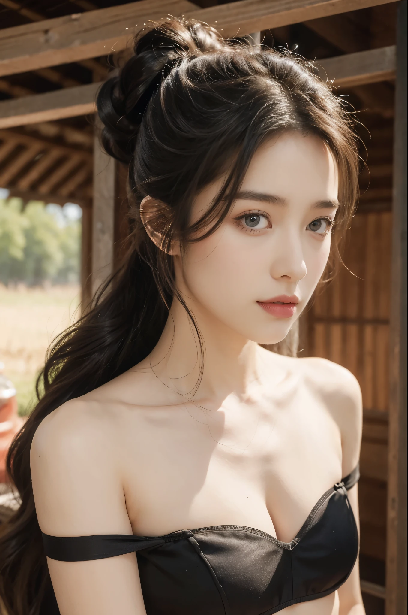 group photo of a girl and a huge pig,standing in the middle of a pig farm,short ponytail,bare shoulders,flat chests, strapless bra,realistic scenery,photography carnival,wildlife photography,aurora punk,animal and human styles,close-up of face,indoor,
