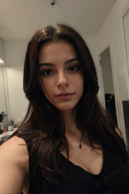 fait moi une femme , cheveux mi brun , mi noir , qui se prend en selfie 