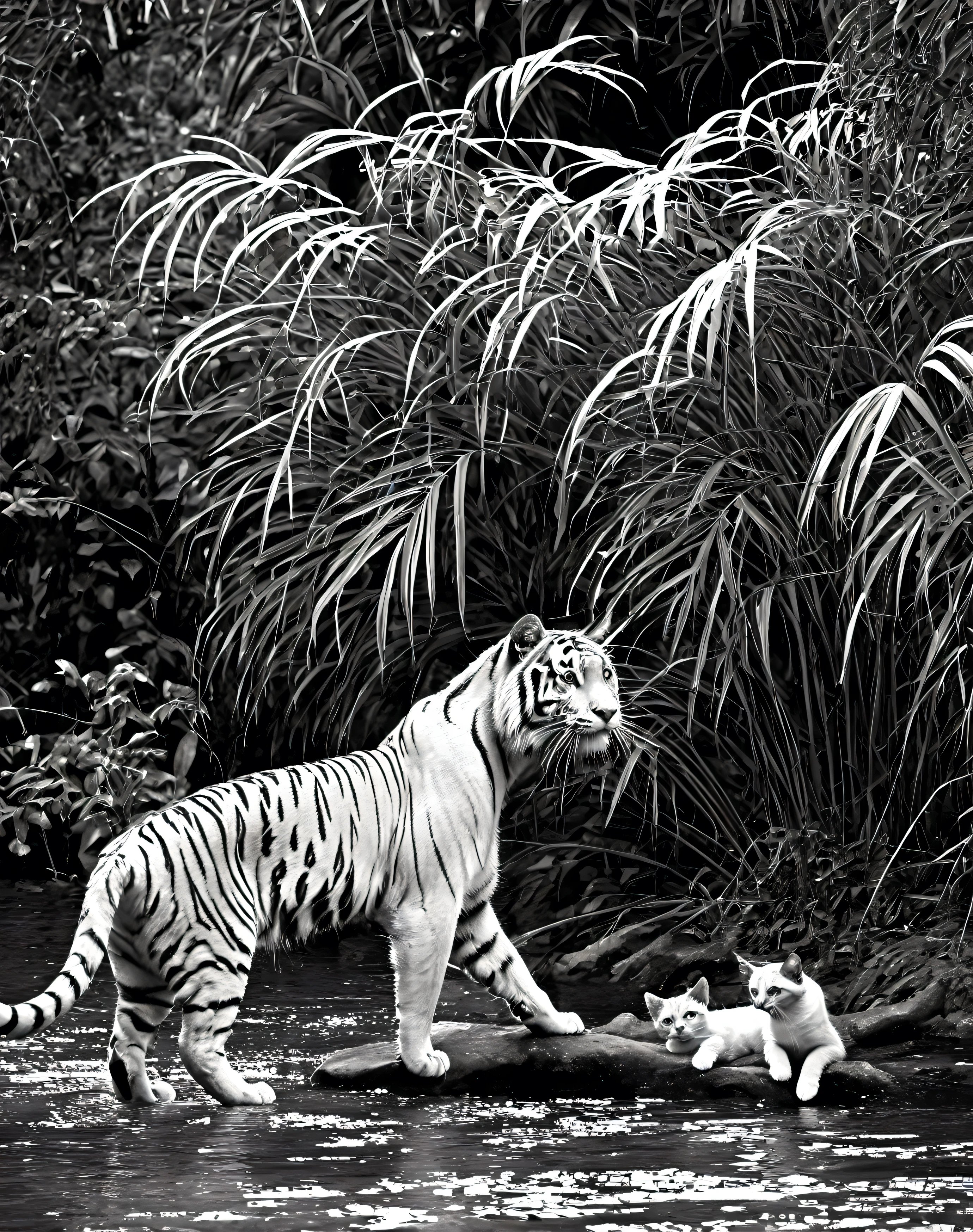 A captivating image that features three similar animals : un tigre et deux petits chats, dont un noir&blanc. Les deux chats se ressemblent, tandis que le tigre possède une intelligence et des capacités supérieures. Les chats portent des expressions de curiosité et de suspicion, tandis que le tigre, le plus intelligent, observe attentivement son environnement avec une expression sereine. Le fond est une jungle dense, avec de grandes feuilles et de l'ombre, reinforcing the mysterious and unexplored atmosphere. the 2 cats must be smaller than the tiger