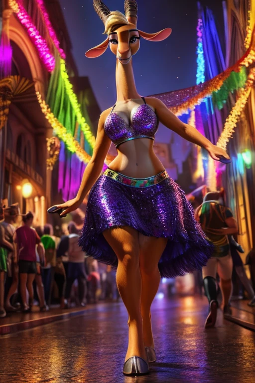 (by pixelsketcher:0.6), (by personalami :0.6), solo, female, gazelle (zootopia), detailed background, (cinematic lighting:1.1), (perfect focus:1.1), 8k hd, photo, (detailed eyes:1.2),depth of field, bokeh, subsurface scattering, wide angle, bright colors, (furry detail:1.3),detailed background,realistic, photorealistic, ultra realistic, Mardi Gras, festival, night time,(short tail),(fluffy:1.3), (realistic fur:1.1), (extreme fur detail:1.2),sexy pose, blonde hair, purple sequined bikini top, blue skirt, big breasts, full body, wide hips, midriff