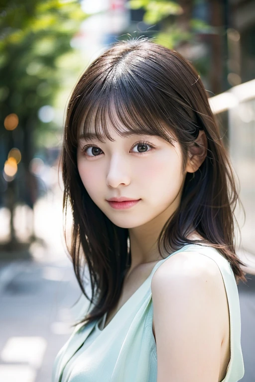 ((Photoreal)), 8K full-length portrait, (Beautiful woman), (Japanese woman), (detailed face), attractive look, Clear system, 18-year-old, Tokyo city, summer, for the background, medium hair, 