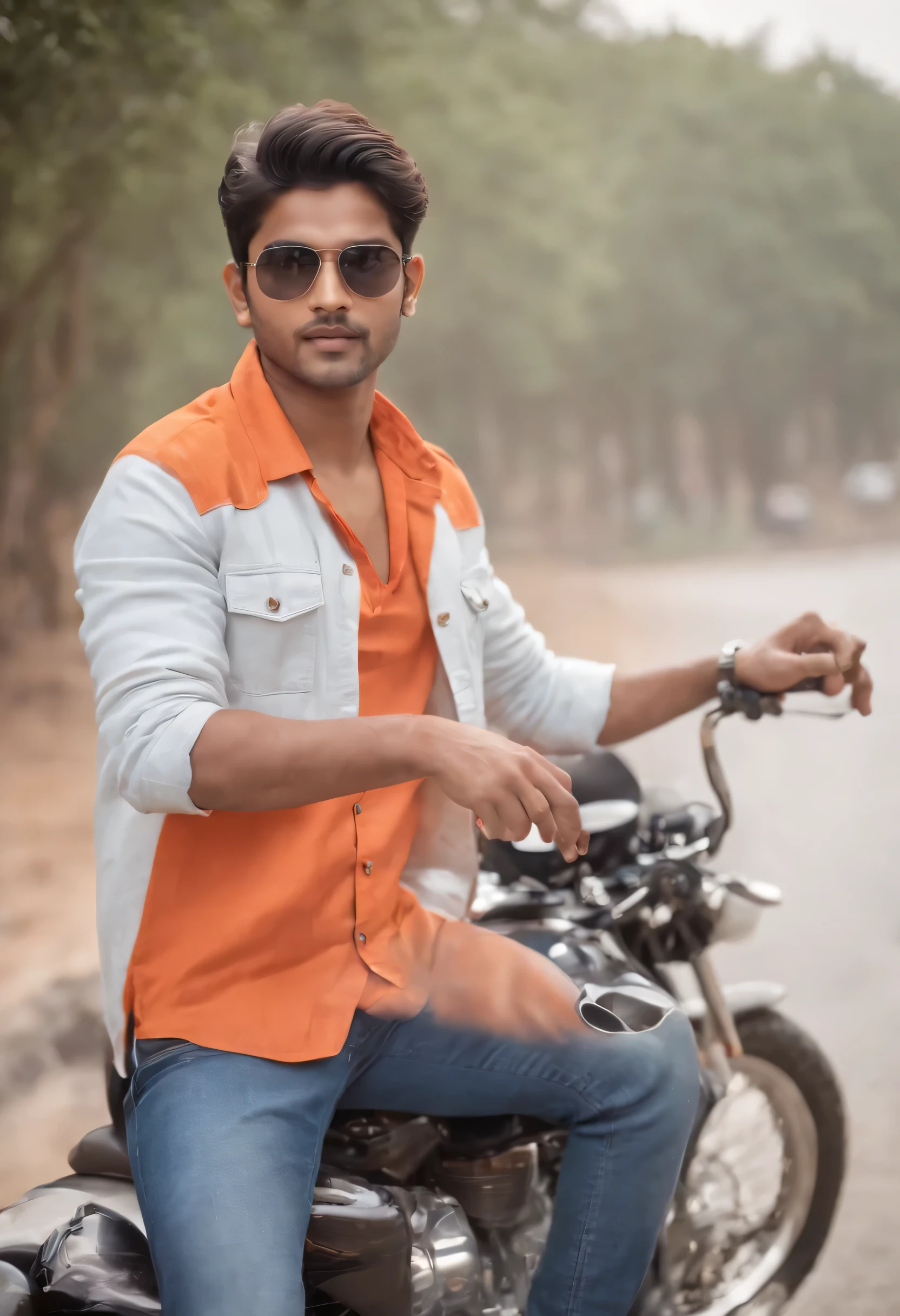 A 20 years old Indian bihari white skin style boy where he wearing orange shirt, jeans & shoes. He is on Passion  Pro bike on road 