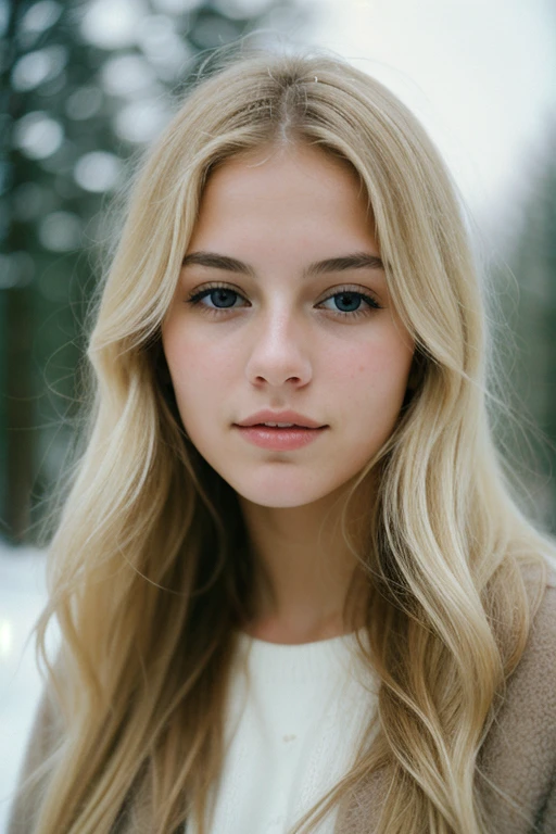 analog raw candid photo of a beautiful young woman, realistic skin texture, dirty blonde hair, slim, (closed mouth:1.1), erotic, relaxed, haze lighting, winter, snow, 35mm