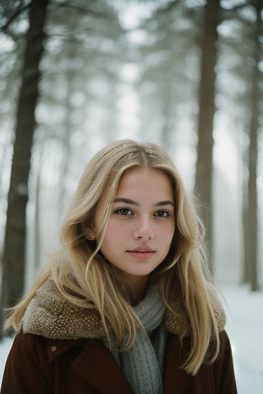 analog raw candid photo of a beautiful young woman, realistic skin texture, dirty blonde hair, slim, (closed mouth:1.1), erotic, relaxed, haze lighting, winter, snow, 35mm