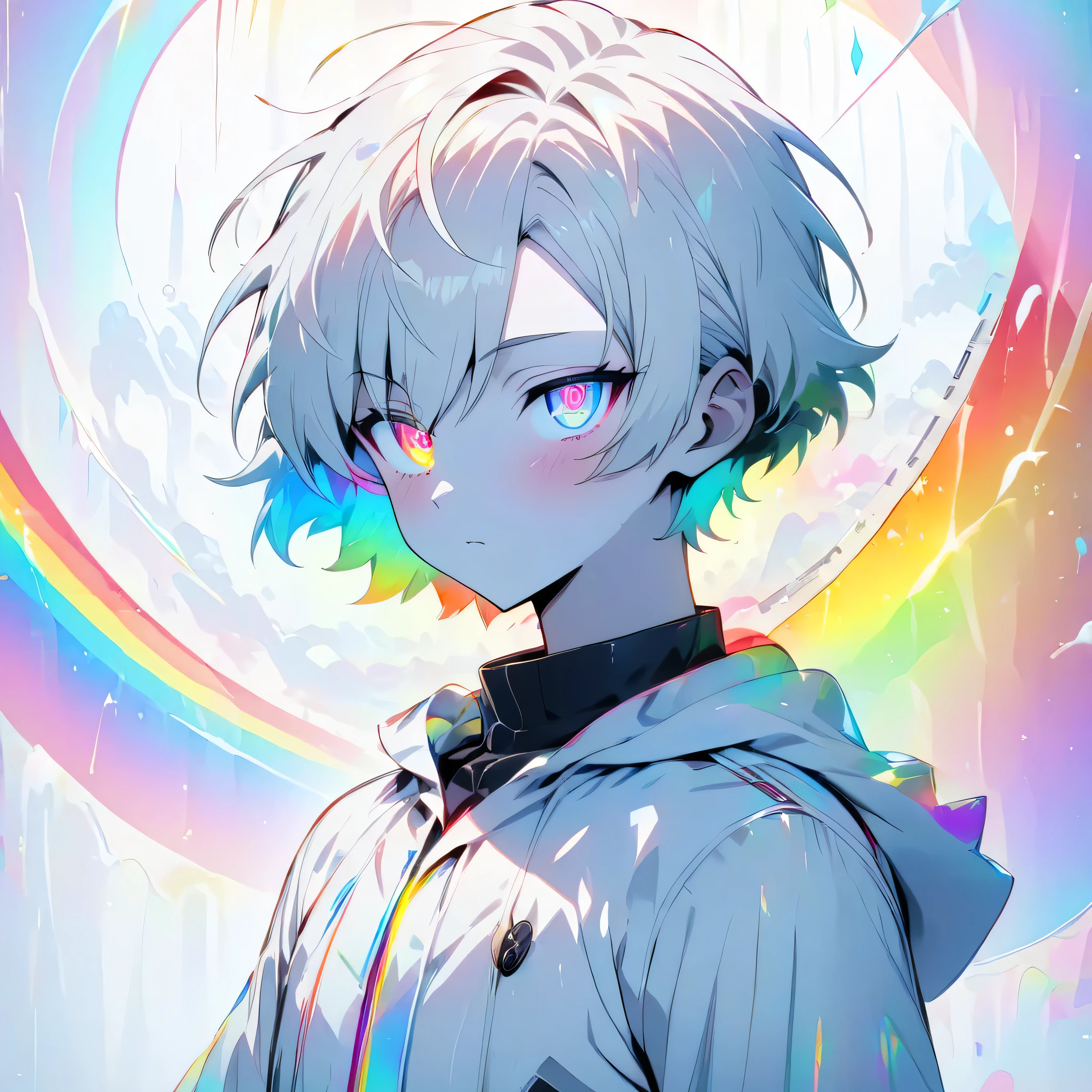 [(WHITE BACKGROUND:1.5)], ((masterpiece)), high quality, ((solo)), ((unger boy)), (white color short hair), (rainbow color eye), bright skin, white parka, upper body, ((anime style)), (clock rainbow effect:1.3),