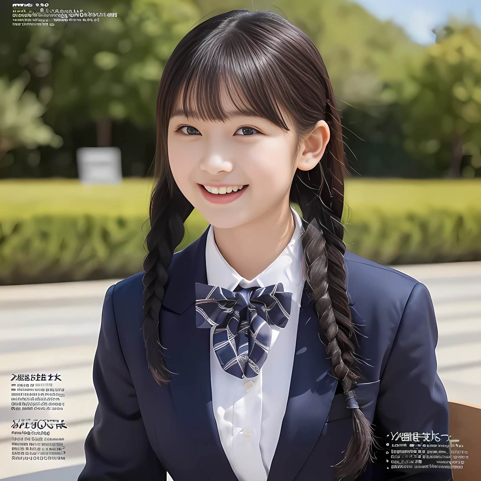 (highest quality, masterpiece:1.2), highest quality, Realistic, photograph, High resolution, 1080p, 8K, Physical Rendering, ((Height: 155cm)), Japanese girl、((((((A 13 year old beautiful Japanese fashion magazine's fashion model is looking straight at the viewer)))))), (((big very detailed beautiful dark brown eyes))), ((((laughing at me!)))), detailed fingers, (((curled blunt bangs))), ((((Very noble and cute eyes, carefully drawn with great attention to detail)))), ((double eyelids)), (((long eyelashes))), ((cute lovely lovely laughing laughing cheeks)), ((The pure white light hits my nose and cheeks. Her eyes and white facial skin shine beautifully white.)), (((((Her facial features are very expressive lovely smile, very sweet, very very intelligent))))), ((((impressive plain navy large school ribbon bow tie in plain)))), ((((black very beautiful and very long braids hair)))), (((blue and navy colored tartan checkered formal long pleated skirt))), ((((A formal dark blue blazer in solid that is slightly oversized and with a golden emblem)))), ((As elegant as a noble princess)), ((Seated on a chair of platform at a rural railway station)), ((Shooting the whole body from the side))