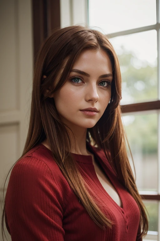red middle length hair woman with green eyes in fine clothes