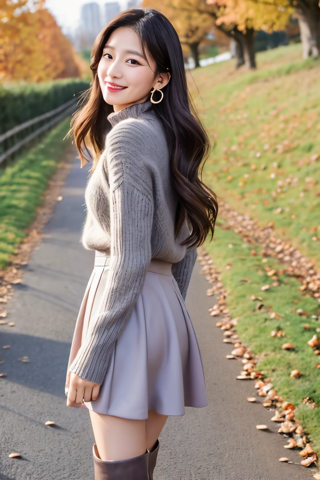 One girl、older sister、lipstick（Shiny pale pink）、Long Hair、Chestnut Hair、Earrings、Turtleneck sweater（Cream）、Tight mini skirt（gray）、boots with buckles（Pale gray）、Small leather shoulder pouch（Glossy black）、Spring Path、While walking