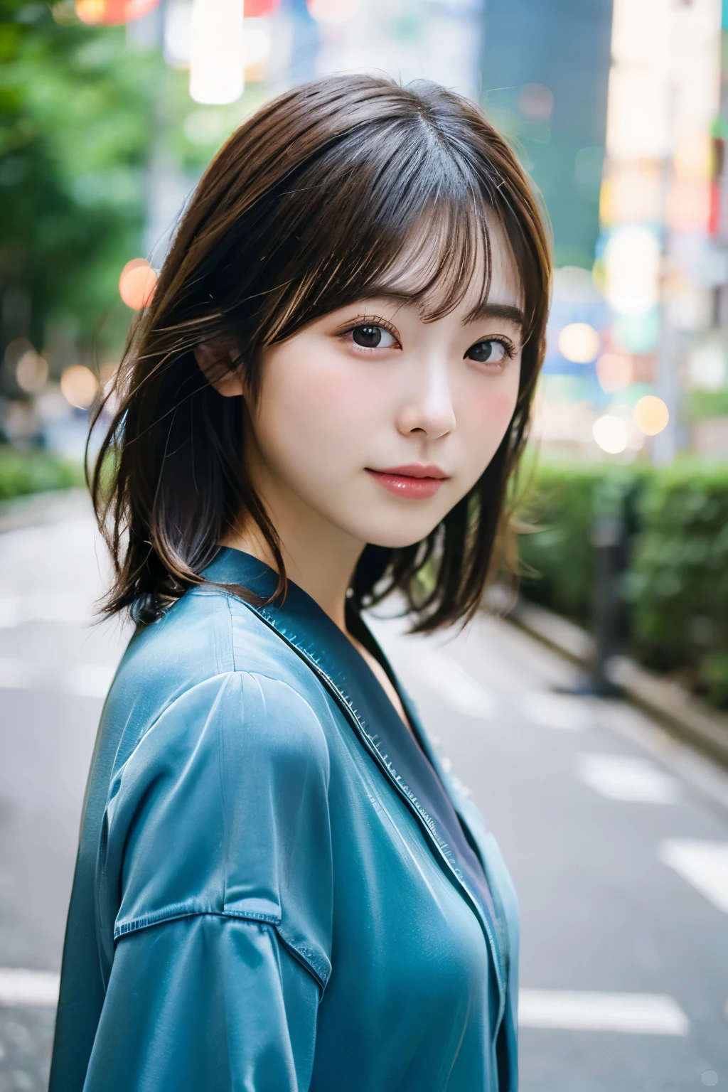 ((Photoreal)), 8K full-length portrait, (Beautiful woman), (Japanese woman), (detailed face), attractive look, Clear system, 18-year-old, Tokyo city, summer, for the background, medium hair,