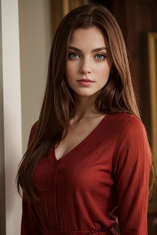 red middle length hair woman with green eyes in fine clothes