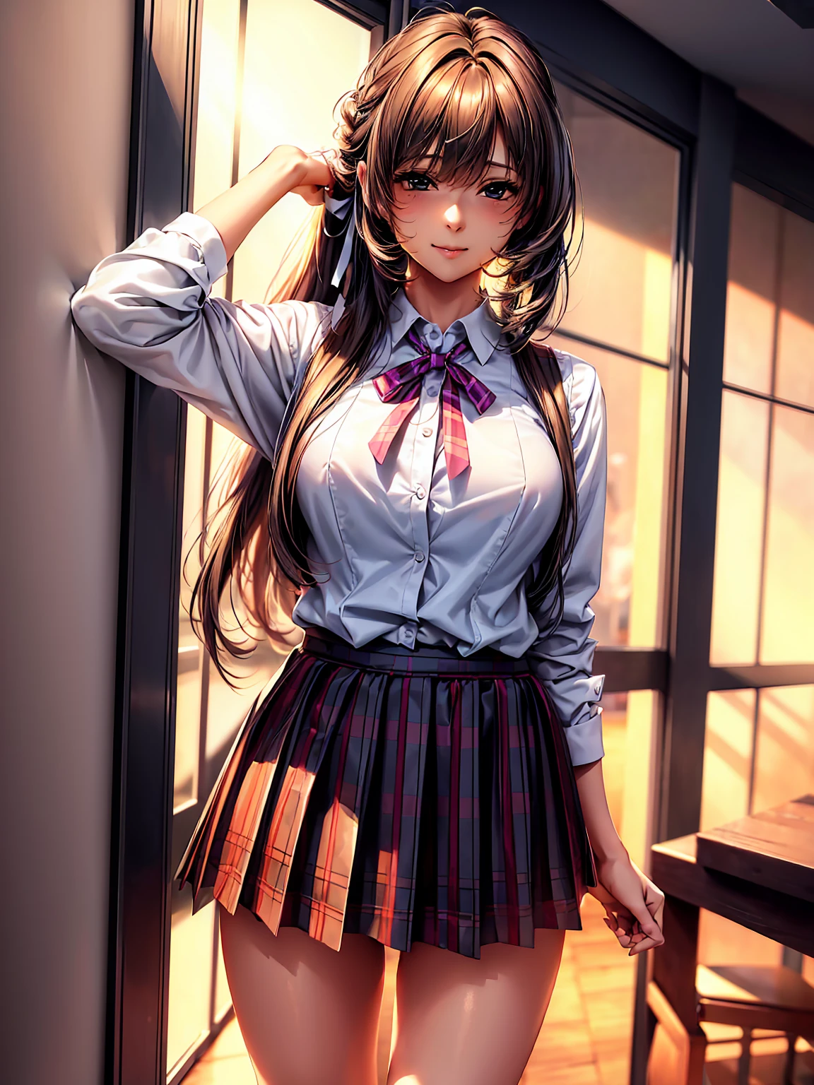 (((highest quality、masterpiece、Very high resolution、Highly detailed images)))、(One beautiful beautiful girl:Talented and colorful:18-year-old,Beautiful body:Slender and beautiful F cup breasts、Beautiful Face:smile、Beautiful Hair:Mr.々Hair style,Best skin and hair texture)、(((High School Uniform:White shirt:ribbon:blazer:Checkered pleated skirt))),School:corridor:Beautiful sunset from the window,Natural light,(Beautiful pose:Model shoot),Student Council President,Sublime Dreams,Beauty Painting,Realistic portraits、Overall image、Beautiful images,Accurate Images、Accurate ???????、Flawless images,Perfect Image,Overall image,(Best Shot,RAW Photos:1.2) Tabletop, highest quality, Photorealistic, In detail, 8k wallpaper, Perfect dynamic composition, Beautiful fine details,