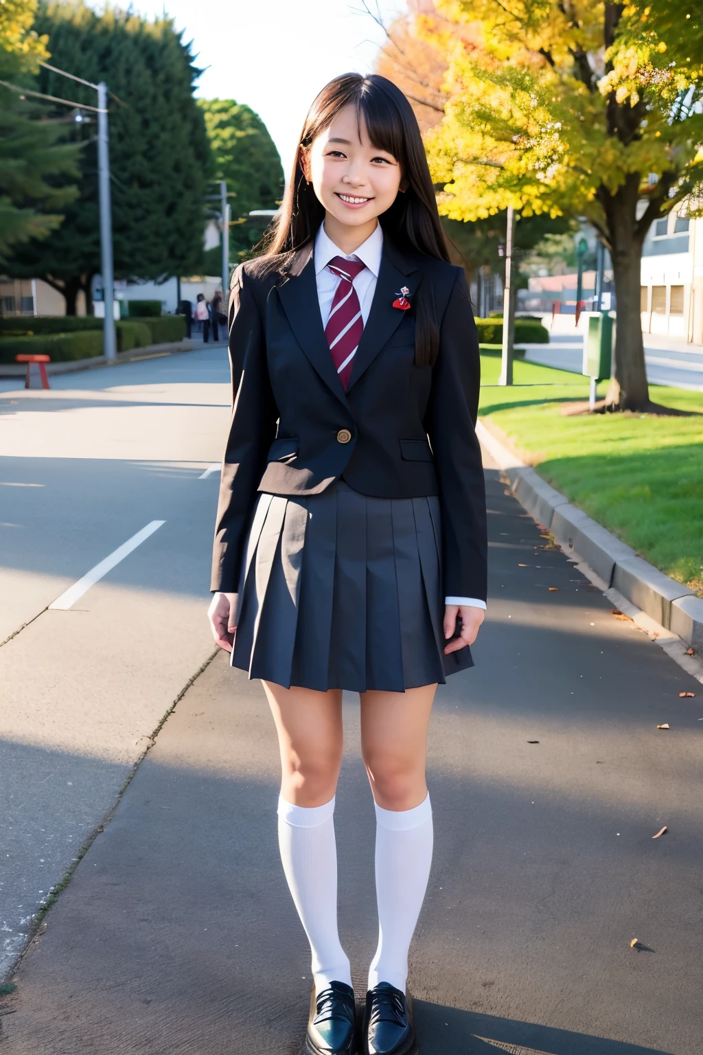 Schoolyard、Japanese high school girl、Uniform Mini Skirt、Black long hair、Smiling、Full body portrait