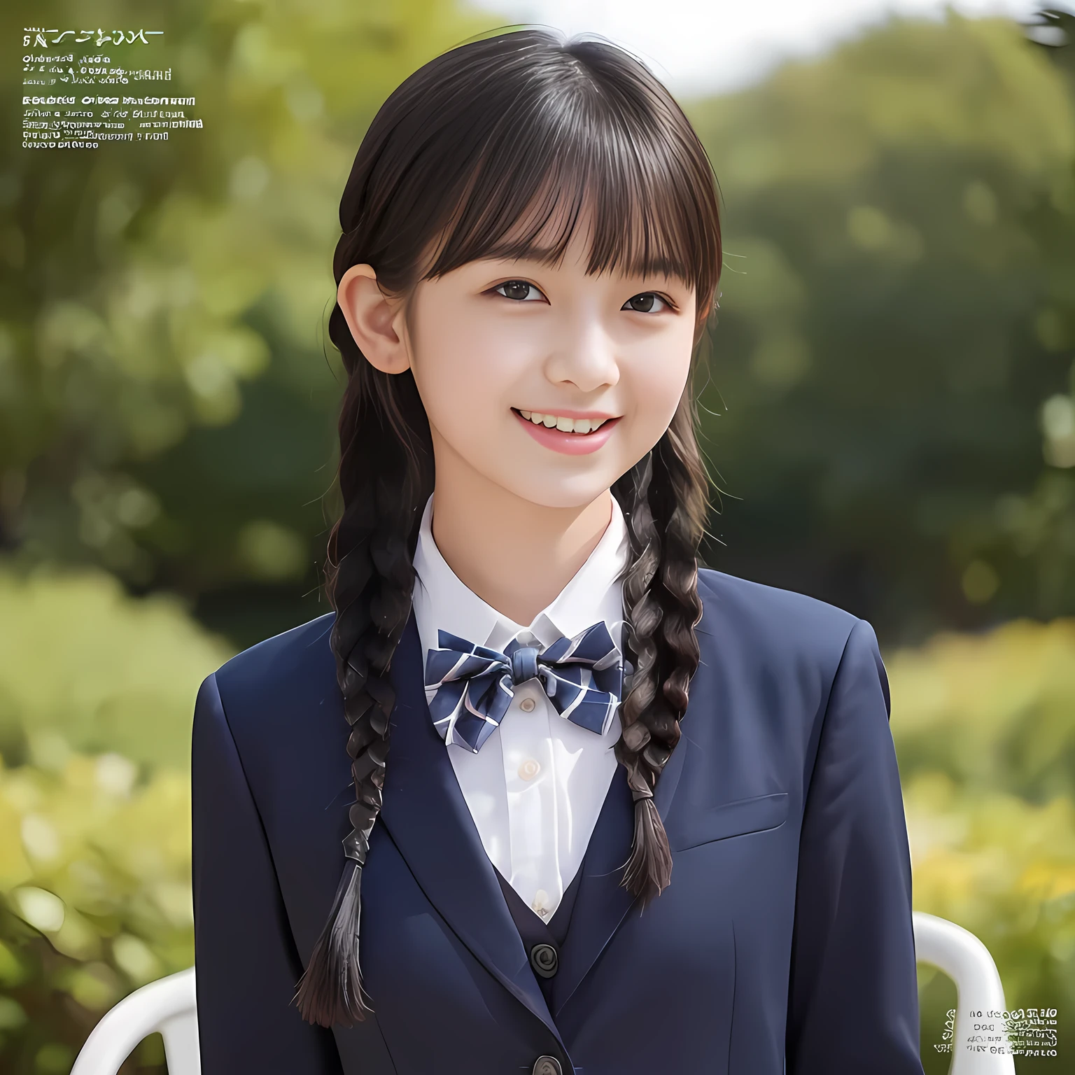 (highest quality, masterpiece:1.2), highest quality, Realistic, photograph, High resolution, 1080p, 8K, Physical Rendering, ((Height: 155cm)), Japanese girl、((((((A 13 year old beautiful Japanese fashion magazine's fashion model is looking straight at the viewer)))))), (((big very detailed beautiful dark brown eyes))), ((((laughing at me!)))), detailed fingers, (((curled blunt bangs))), ((((Very noble and cute eyes, carefully drawn with great attention to detail)))), ((double eyelids)), (((long eyelashes))), ((cute lovely lovely laughing laughing cheeks)), ((The pure white light hits my nose and cheeks. Her eyes and white facial skin shine beautifully white.)), (((((Her facial features are very expressive lovely smile, very sweet, very very intelligent))))), ((((impressive plain navy large school ribbon bow tie in plain)))), ((((black very beautiful and very long braids hair)))), (((blue and navy colored tartan checkered formal long pleated skirt))), ((((A formal dark blue blazer in solid that is slightly oversized and with a golden emblem)))), ((As elegant as a noble princess)), ((Seated on a chair of platform at a rural railway station)), ((Shooting the whole body from the side))