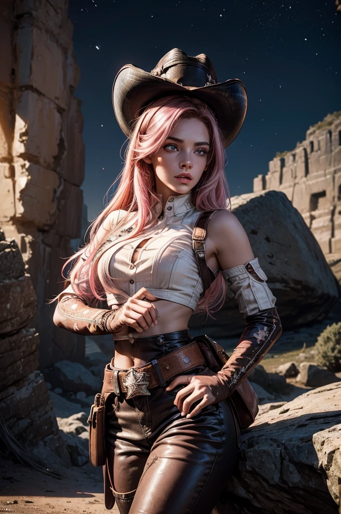 (masterpiece,stunning girlfriend, (standing:1.1), dynamic pose, heart shaped face, elegant face, beautiful face, highly detailed face, highly detailed skin, skin pores, subsurface scattering, realistic pupils, looking at viewer, full lips, detailed background, depth of field, atmospheric perspective, volumetric lighting, sharp focus, absurdres, realistic proportions, good anatomy, (realistic, hyperrealistic:1.4), 16k hdr, neopolitan, neopolitan, long hair, brown hair, (brown eyes:1.3), brown eyes, pink eyes, (heterochromia:1.2), ((two-tone hair, split-color hair, pink hair, brown hair, multicolored hair)), BREAK gloves, hat, navel, detached sleeves, midriff, belt, pants, white gloves, black headwear, bowler hat, hands on hips, BREAK outdoors, night, stars, moon, post-apocalypse, dystopian future, in cave mouth, river, rocks, (crowd in military uniforms), bonfires, BREAK looking at viewer, (cowboy shot:1.5), BREAK (masterpiece:1.2), best quality, high resolution, unity 8k wallpaper, (illustration:0.8), (beautiful detailed eyes:1.6), extremely detailed face, perfect lighting, extremely detailed CG, (perfect hands, perfect anatomy), sitting on rock