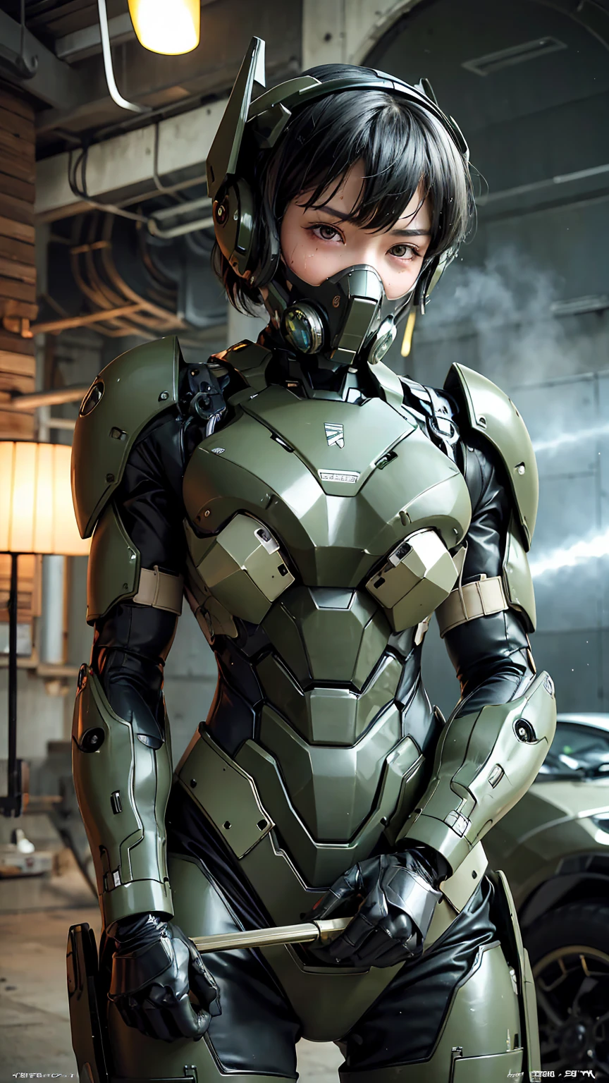 最high quality非常に詳細, Advanced Details, high quality, 最high quality, High resolution, 1080p, hard disk, beautiful,(War Machine),(Snug-fitting headgear),See the big picture,beautifulサイボーグ女性,Dark Green Mecha Cyborg Girl,Battle Mode,Mecha Body Girl　8k dark green body armor　　Sweaty face　Droopy eyes　short hair　Gas mask with extension nozzle　boyish　Steam coming out of my head　My hair is wet with sweat　Black Hair, Steam coming out of the mouth　Lying in bed　The skin under the face is not exposed　smile