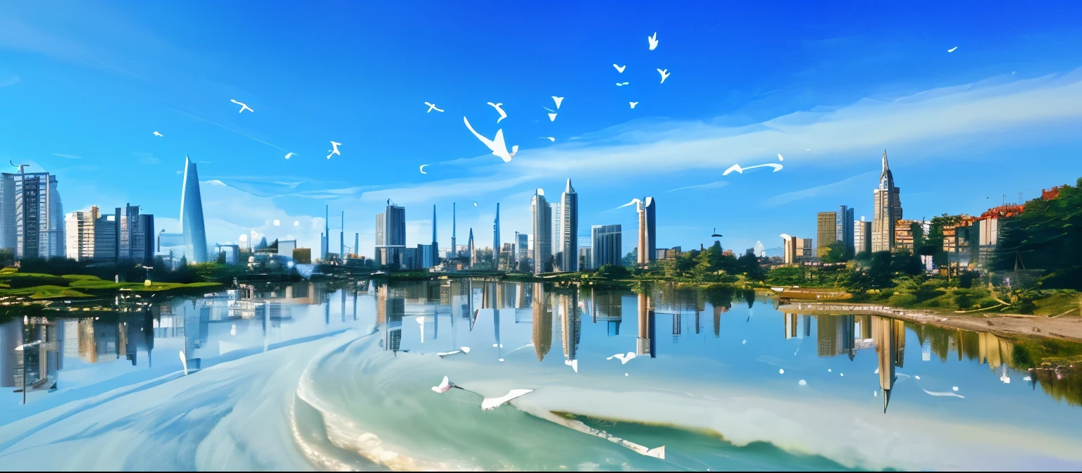 8k photo, ((sharp)), clear blue sky, birds flying, magical, water surface with waves, reasonable composition, bright sky, landscape with many tall buildings, clear blue water surface