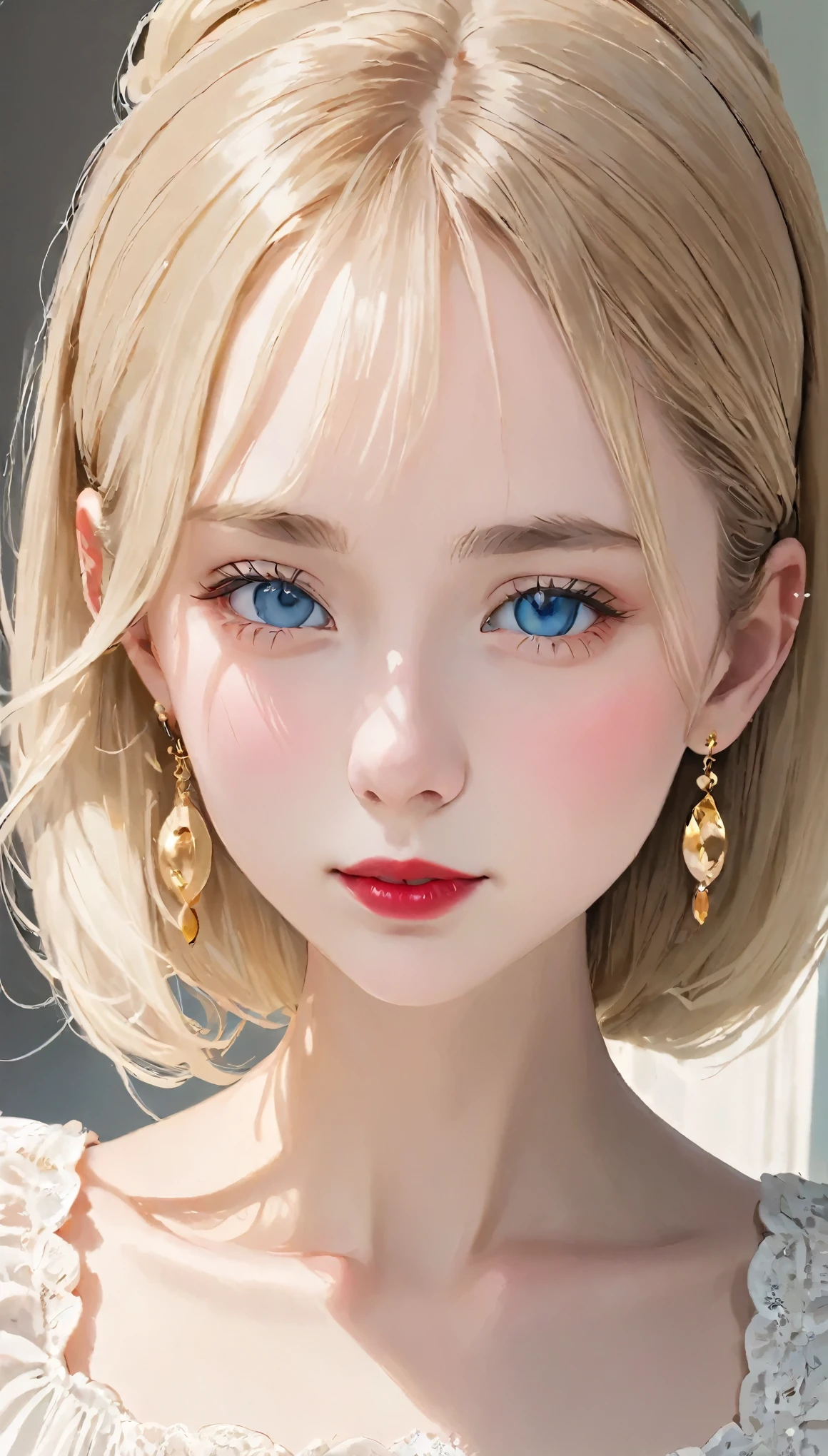 RAW Photos、Realistic、pretty girl, (Ash Blonde Hair), ((very bun hair)), Perfect Face, Expressionless,(((１２talent)))、Baby Face、、 Upper Body,(Cerulean Eyes), (that), (), (thin), ((Flat Chest)), ((Only 16)), Skin dents, Extreme Detail, Attractive oval face, Red lips, pink, Shiny skin, Thin Hair, Face Focus, Chest close-up, Gorgeous hair ornament, Gold earrings, ((1 girl)), Embarrassed look,