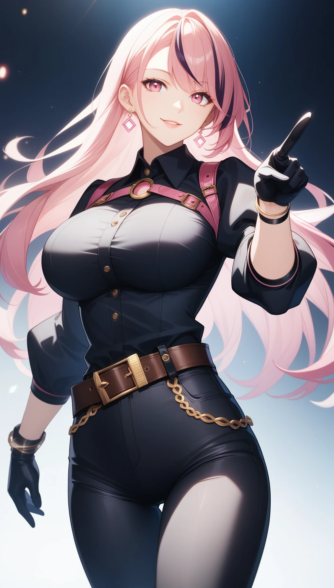 score_9, score_8_up, score_7_up, intricate details,
1girl, solo, belt, pink eyes, long hair, smile, shirt, looking at viewer, gloves, brown belt, black shirt, long sleeves, pants, jewelry, earrings, pink hair, black pants, collared shirt, black gloves, puffy sleeves, large breasts, belt buckle, juliet sleeves, buckle, bracelet, cowboy shot, streaked hair, parted lips, pointing at viewer,