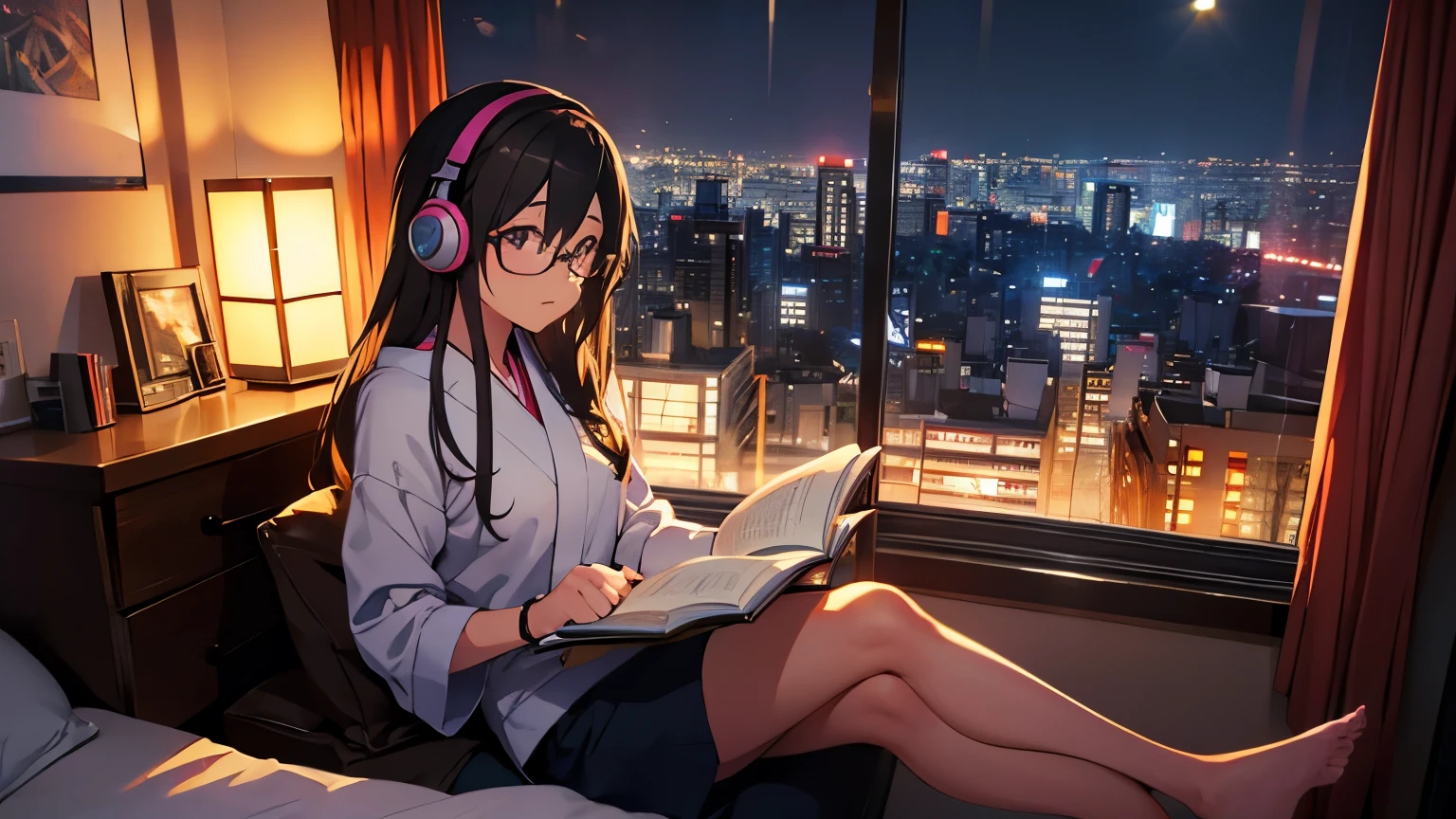 Beautiful girl with glasses studying in her room with headphones、Warm lighting at night. Outside the window is the Tokyo landscape.、Japanese anime style