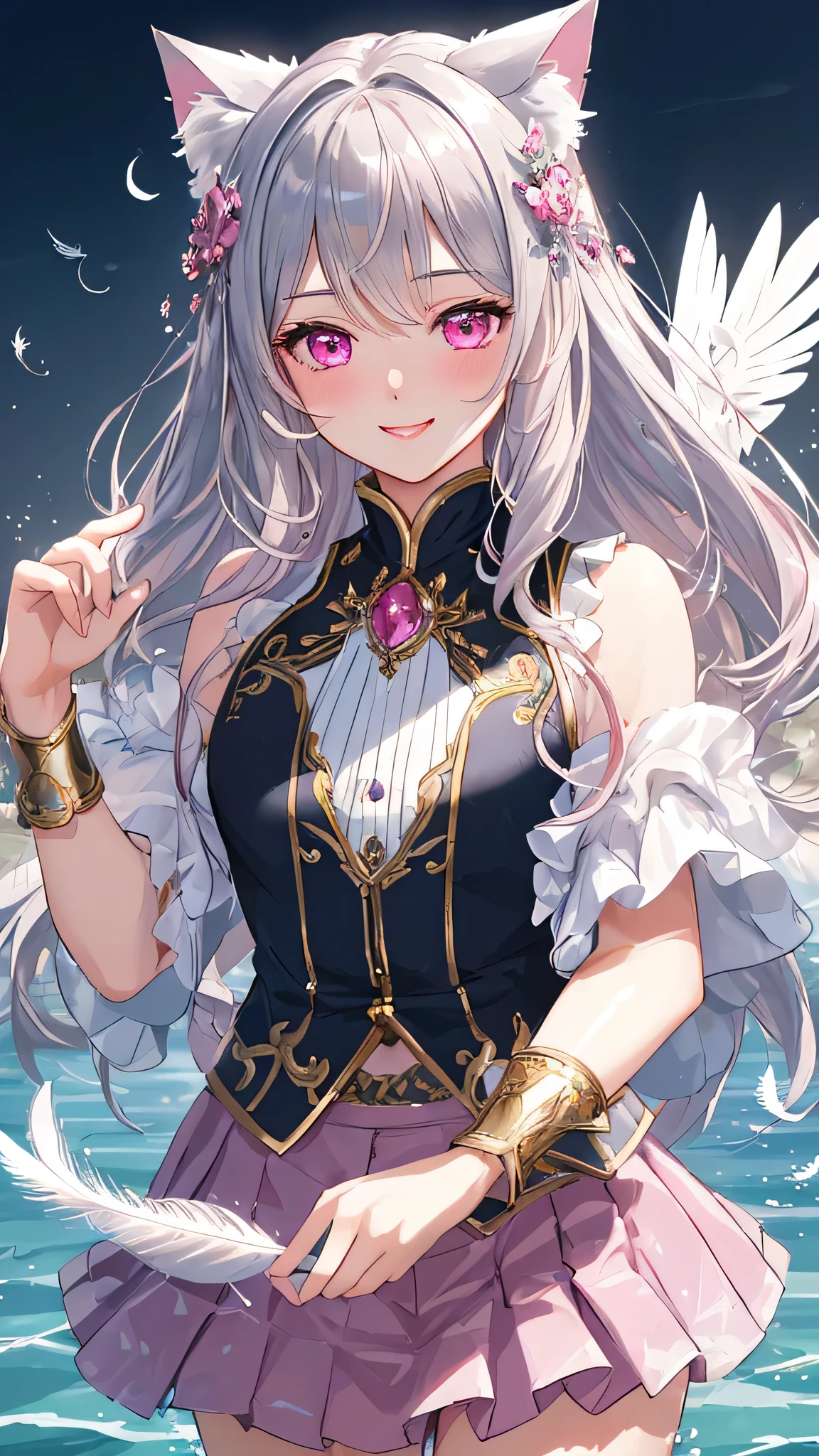 masterpiece,highest quality, high resolution,Highly detailed face, ultra-detailed eyes,water effects、Light effects、Feather Effect,Highlighted eyes, Medium chest,pretty girl,smile,Embarrassed,Cat ear,Beautiful silver hair,Pink inside,Beautiful pink eyes,skirt,