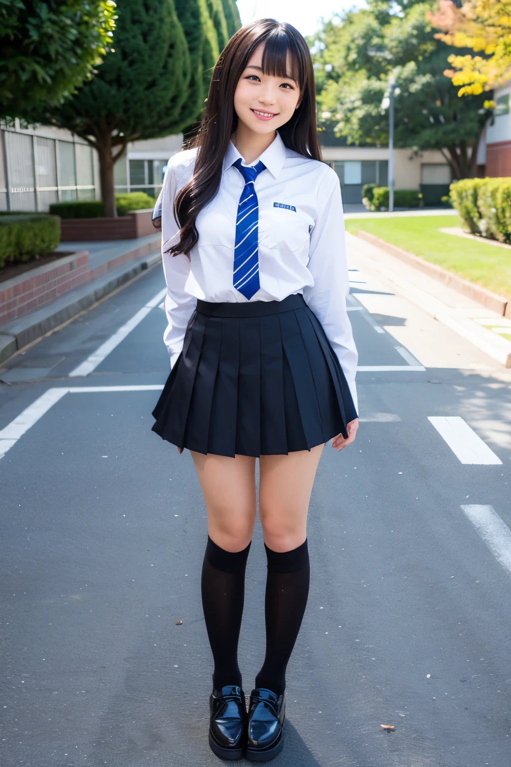 Schoolyard、Japanese high school girl、Idol Style、Uniform Mini Skirt、Black long hair、Smiling、Full body portrait