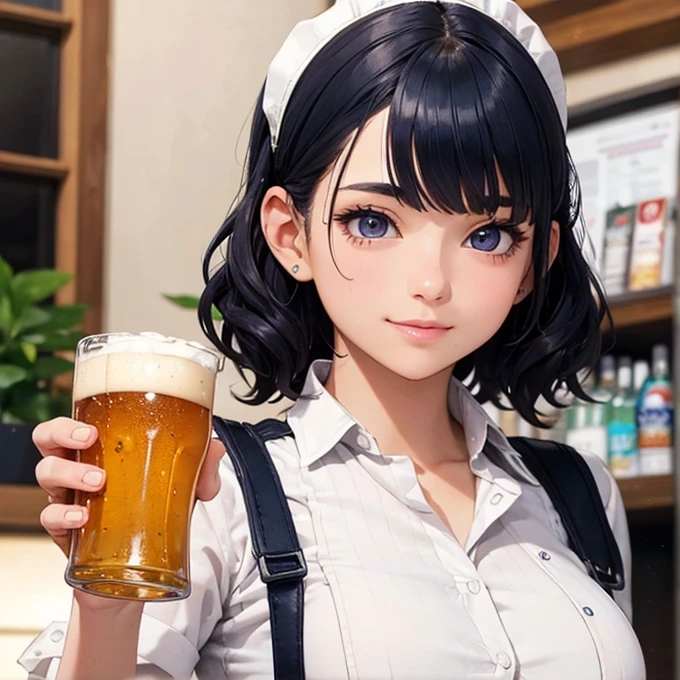 (Irish pub waitress),Carrying beer,14yo,cute,detailed face,smile,BREAK (navy hair),(wavy-short hair),parallel eyebrows,eyes with large irises,blunt bangs,fresh lips,small nose,(small breasts),small hip,(5feet tall)), pop (masterpiece, best quality:1.1),detailed hand,