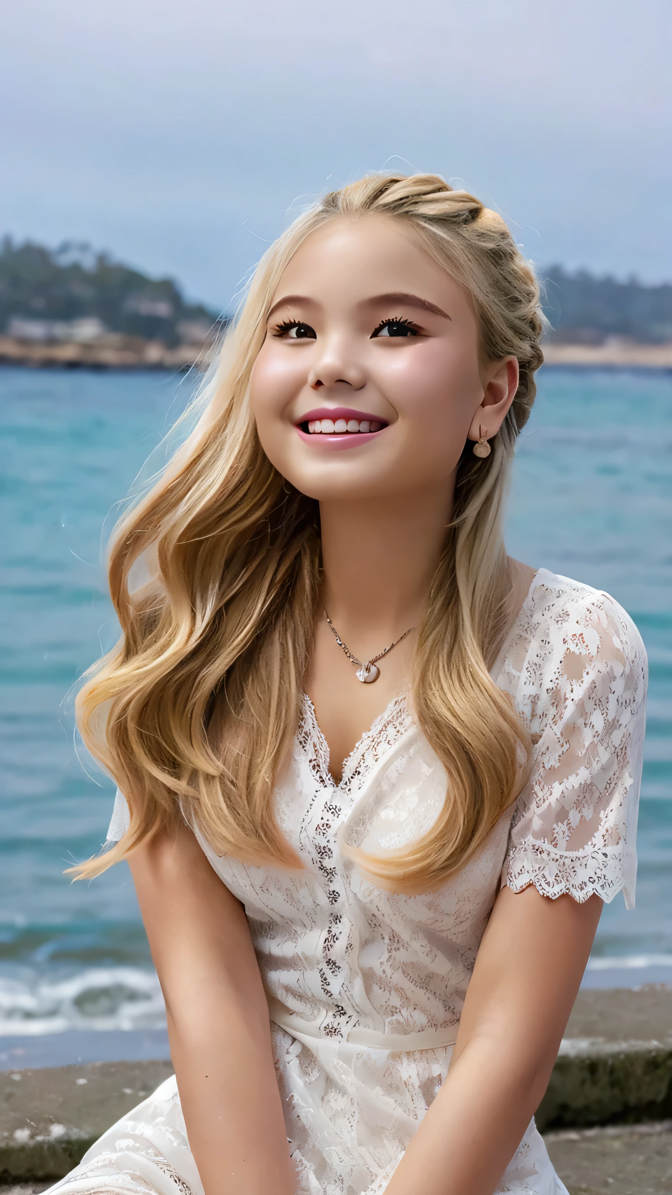 1 girl, alone, looking at the viewer, blonde long hair, hair is tied up, short body, smaller chest, white lace camisole dress, Coastal rocky background, smile, realistic, masterpiece, 最high quality, high quality, High resolution,