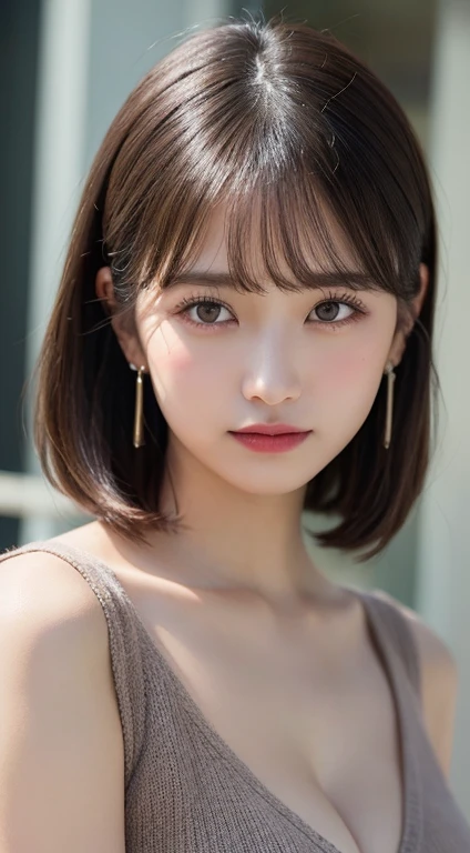 (masterpiece:1.3), (8k, Realistic, RAW Photos, Best image quality: 1.4), Japanese 、(Random Hairstyles:1.2)、Cleavage:1.2、Highly detailed face、Attention to detail、double eyelid、Chest to chest、Sharp focus:1.2、Beautiful woman:1.4、Dark brown hair、I can see your forehead、highest quality、masterpiece、超A high resolution、(Realistic:1.4)、Highly detailed and professionally lit smiles、Loose, lightweight knitwear、thin、Serious expression、Short-haired、Deadly position、China dress、Larger breasts、I can see the valley、Earrings