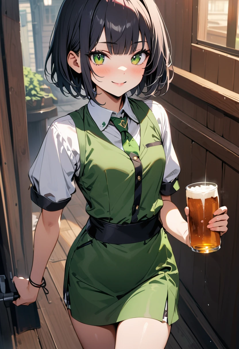 (Irish pub waitress),Carrying beer,yo,cute,detailed face,smile,BREAK (navy hair),(wavy-short hair),parallel eyebrows,eyes with large irises,blunt bangs,fresh lips,small nose,(small breasts),small hip,(5feet tall)), pop (masterpiece, best quality:1.1),detailed hand,