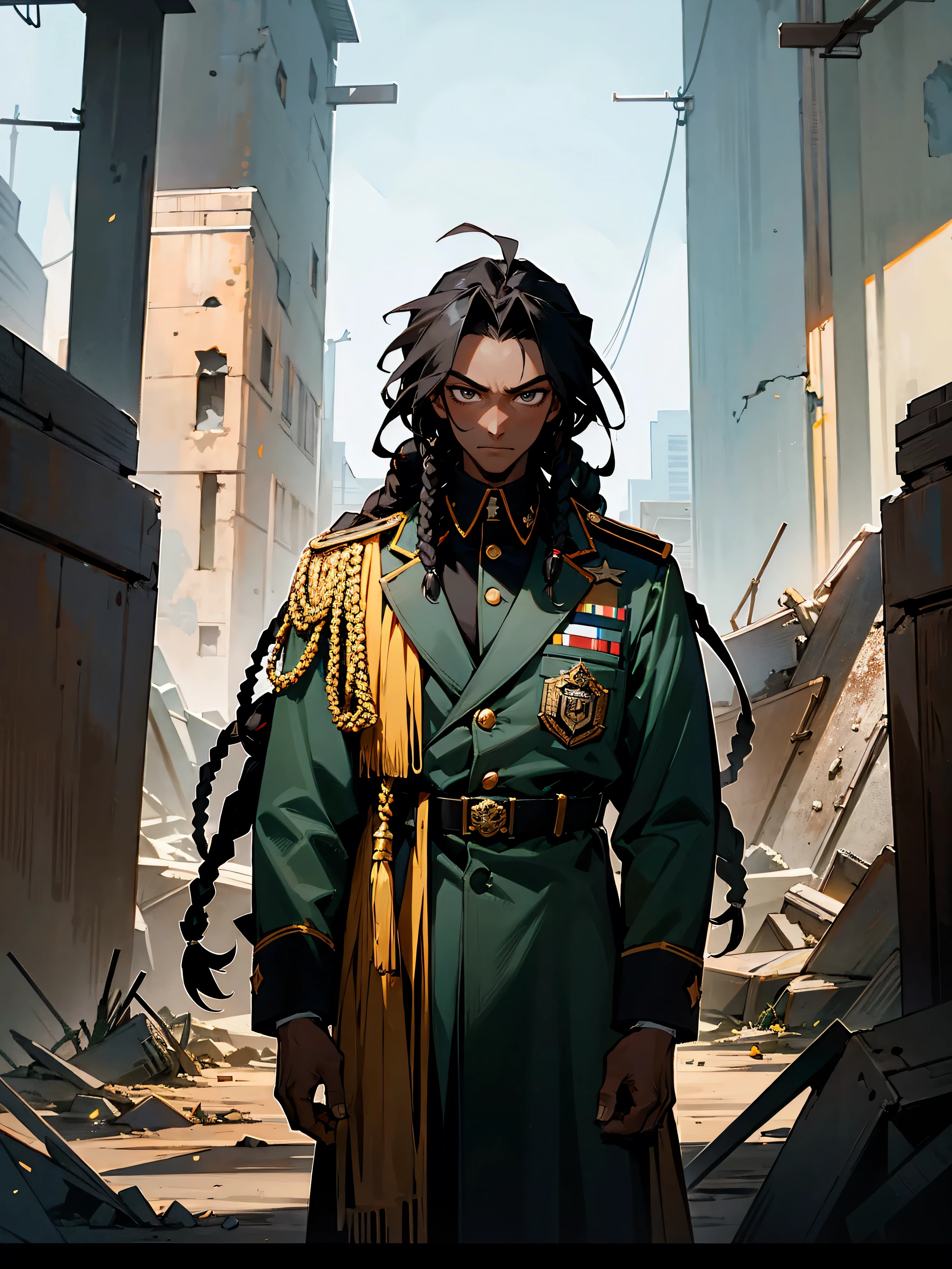 1male, military outfit, dreads, black hair, dark skin, military badges, abandoned city, serious