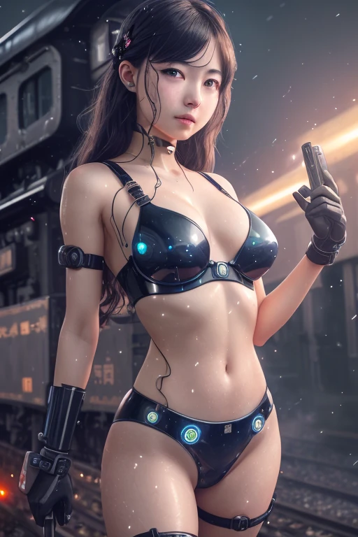 photograph, high quality, (Close-up shot of one girl), to8contrastスタイル,Mechanical Arm, cyborg, Slime-colored skin, Liquid Slime Skin, Raise the hand, Metal face,Machine Face、 Slime Girl, Red eyes,(((Alone in the Dark, Tokyo night background, Lights out, Hard Shadows, Deep contrast))), Blue light, Model shooting style, Small breasts,(Highly detailed CG Unity 8k wallpaper), whole body,  The most beautiful works of art in the world, Trending on Art Station, CGSociety Trends, complicated, High detail, Sharp focus, dramatic, Night starry sky, photographrealistic painting art by midjourney and ilya kuvshinov,Raw Legs、Beautiful legs、Attractive thighs、In front of the steam locomotive、Steam locomotive background、Station platform、Robot face、machine bra、Metal Bra