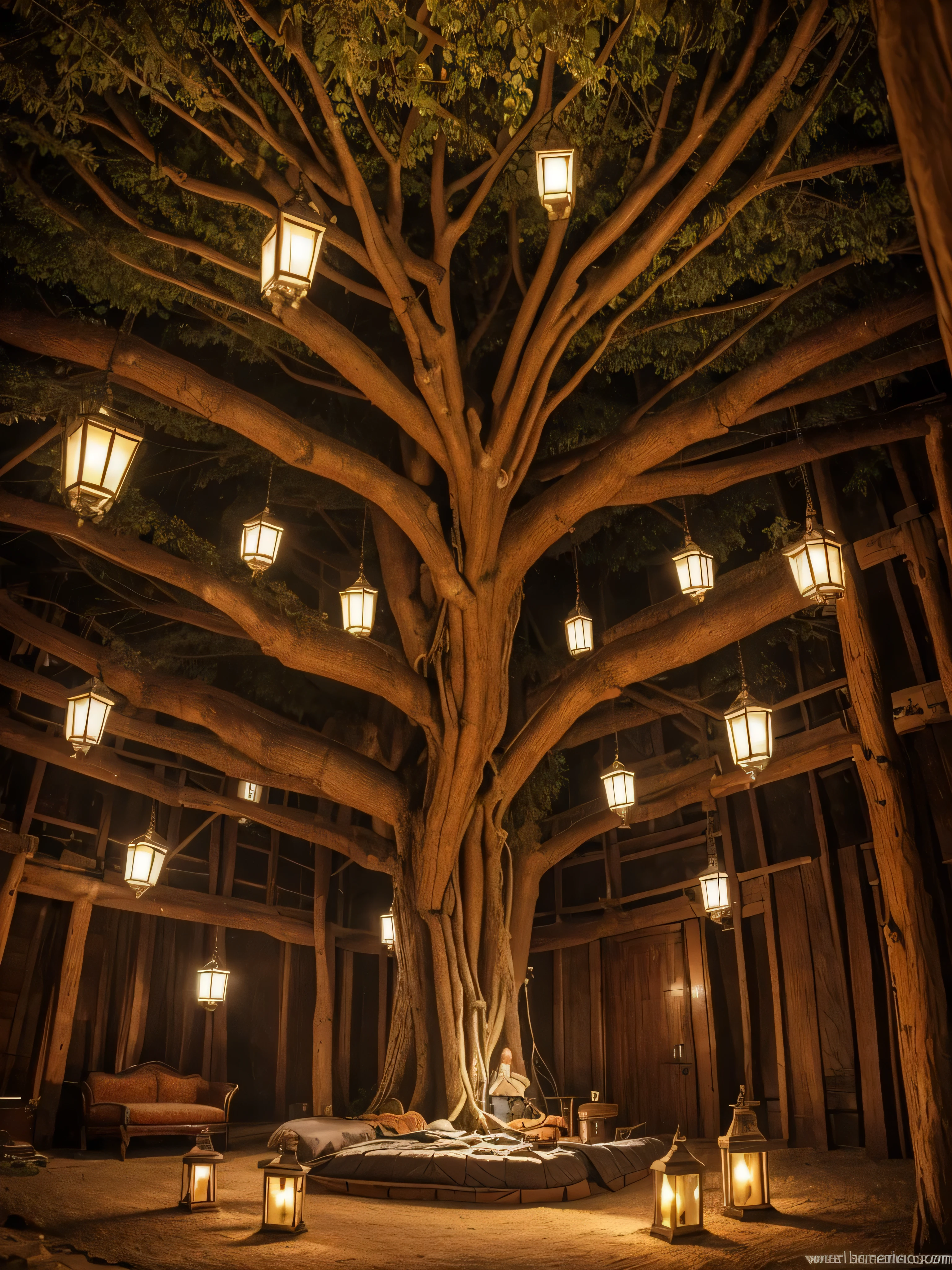 In a fantasy world where there was a giant tree the size of a house, the inside of the tree was very spacious and it was hot inside and it was full of lanterns and a mattress and it had mattresses and a sword factory and a dining table and a bathroom. ( Place the picture inside the tree )
