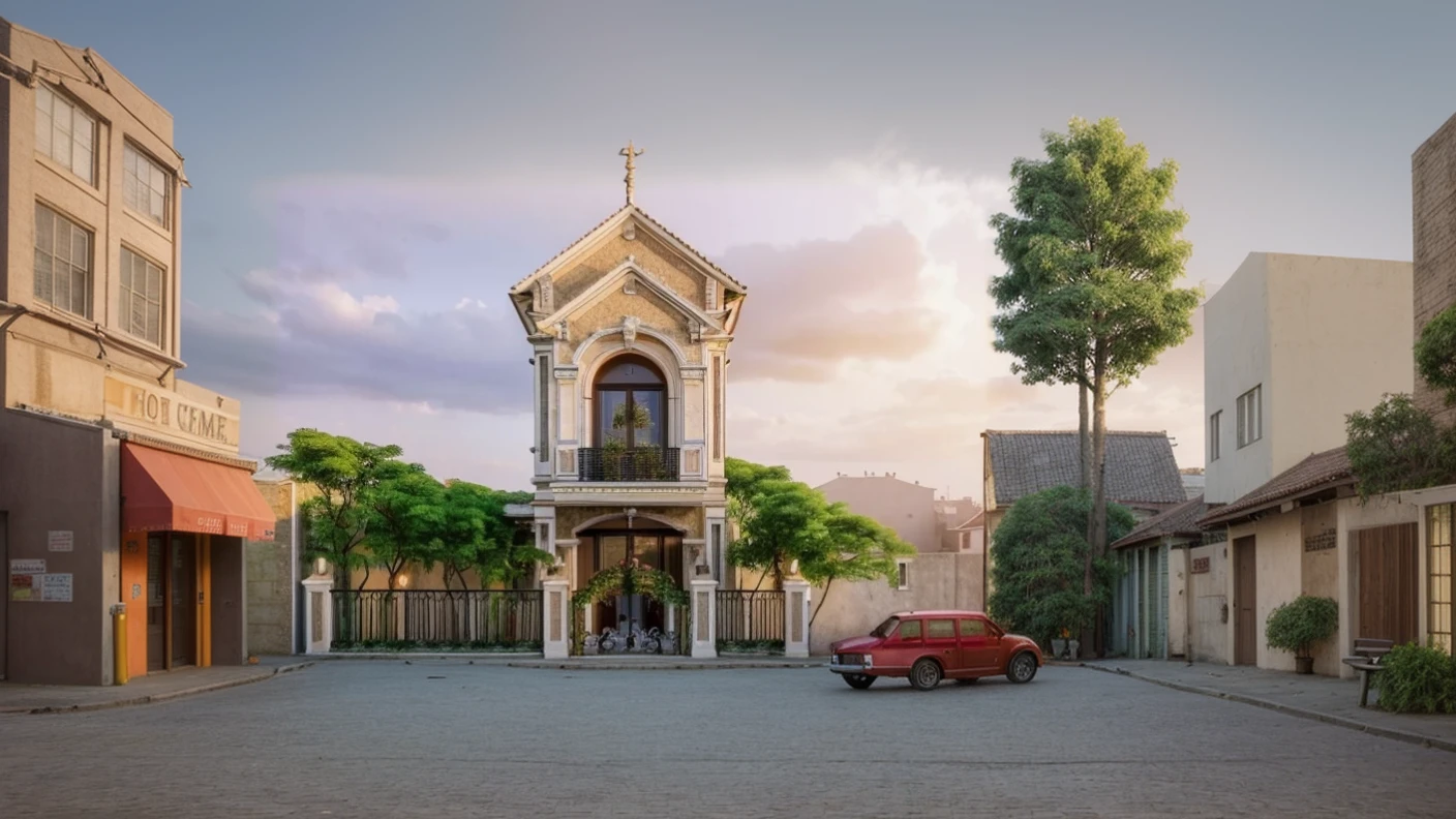 street, human, vehicles, chim bay, big tree, small tree