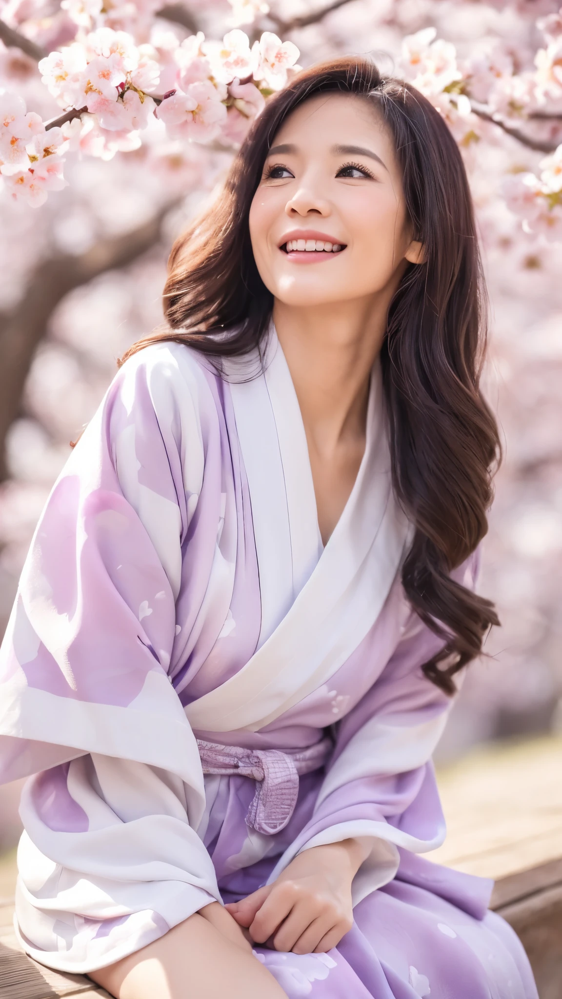 NSFW, ((Top Quality)), ((8K)), ((Masterpiece: 1.3)), (Perfect Appearance), (Photorealism: 1.2),
(A park with cherry blossoms in full bloom), (woman looking up at the trees overhead), Japanese woman, (38 years old), married woman, ((Realistic skin texture 1.8)), (Fine wrinkles throughout the skin: 1.3), (Dull skin: 1.1), (Skin without moisture: 1.2) , (Wrinkles on the face: 0.9), (Wrinkles on the corners of the eyes: 1.2), Double eyelids, tear bags on the lower eyelids, (Crying moles: 0.9), The eyes are looking here, smiling with lips slightly open, (Dimples: 1.2), bangs are short, wavy long hair, unbound hair, Kimono with cherry blossom pattern on purple background, White tabi, Zori sandals, ((whole body:1.2)),