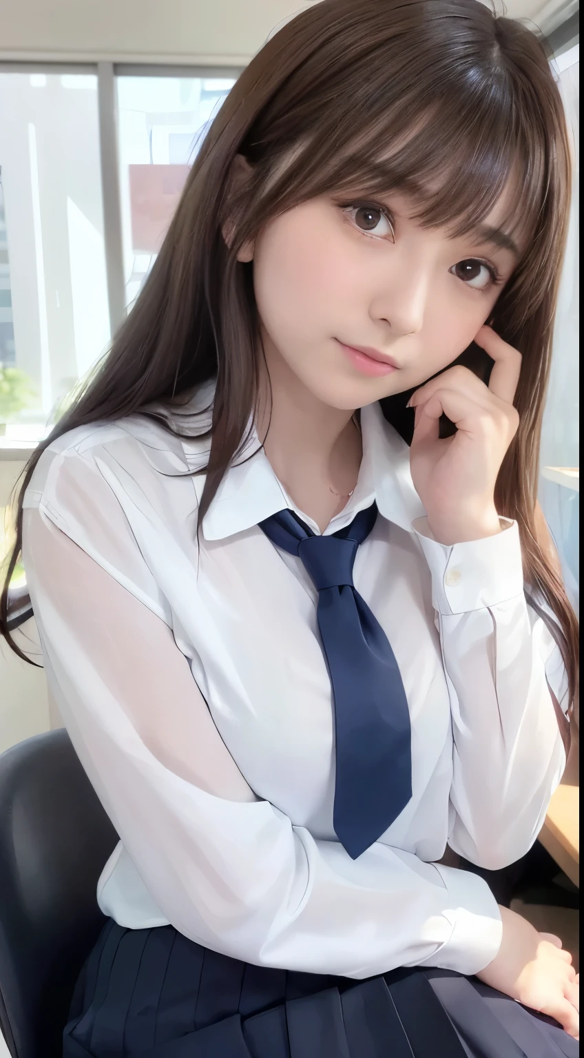 highest quality,Super detailed,masterpiece,Hentai Realism,Photo Rare,Bright lighting,One Girl, Very beautiful 17 year old girl, (cute:1.6),A faint smile, (Brown eyes),(Dark brown hair),(With bangs),Perfect Glowing Skin,Perfect Skin,((erotic,Sexy and sexually explicit)),((Accurate Pointer,No discomfort)), Big ample breasts,Big breasts, small waist, View your viewers,((Blazer uniform)),((Long sleeve uniform white shirt)),(Navy blue tie),(Navy blue mini skirt、No slits),(((Lift the skirt with your own hands))),(Lifted it himself),(She shows her panties.),Lace and black panties,Panty Focus,(get up,Spread your legs)), socks, (Black socks),(Loafer shoes), During the day,School、classroom、There are desks lined up in the classroom.,School Chair、