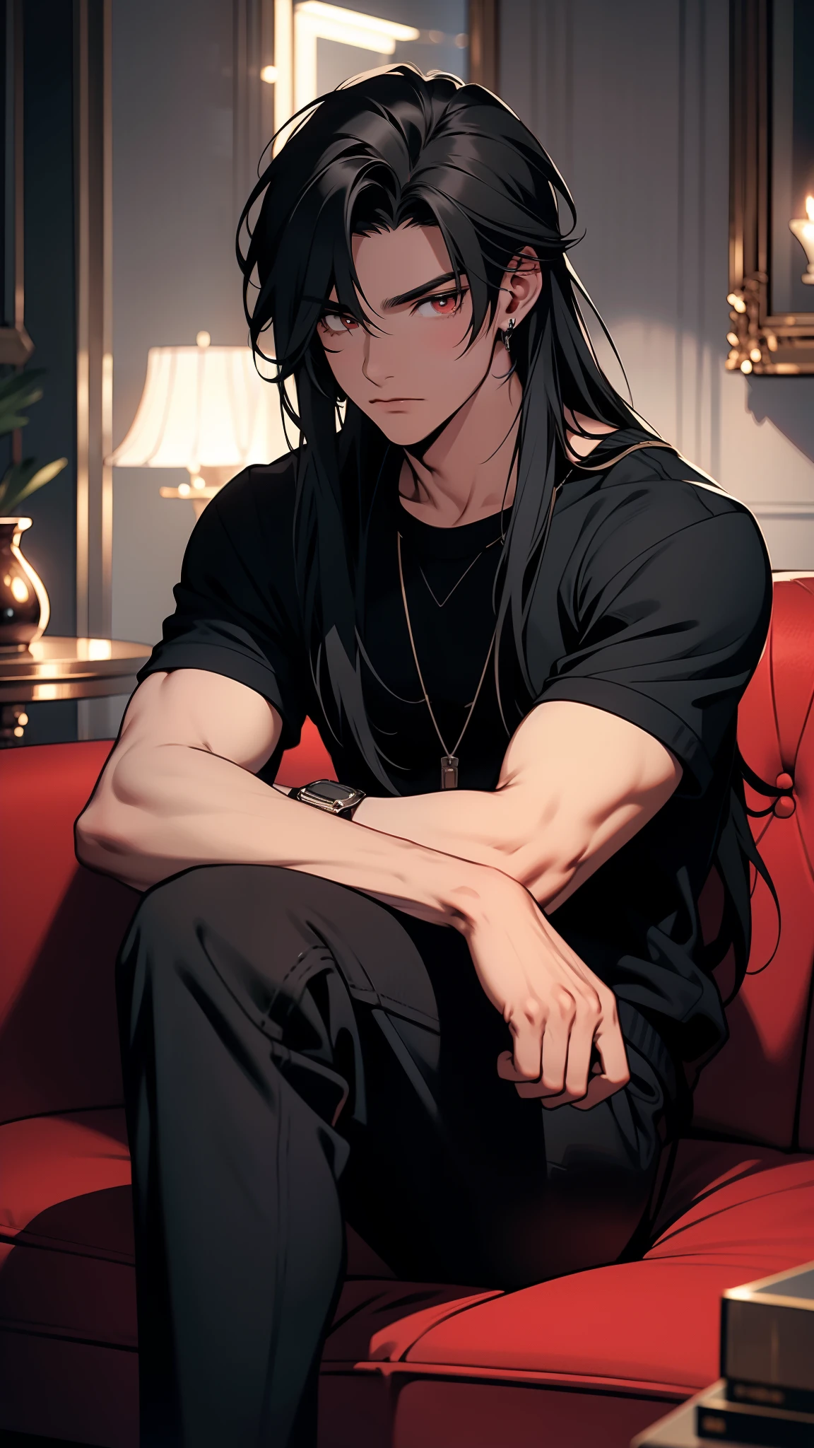 A 19 year old boy with long hair, He has red eyes and black hair, he has black skin and straight hair, He has a depressed expression, he is wearing a black sweatshirt, black jeans and All star sneakers. He is sitting on a sofa with his arms crossed, The setting around him is that of a luxury vintage mansion.