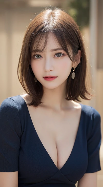 (masterpiece:1.3), (8k, Realistic, RAW Photos, Best image quality: 1.4), Japanese 、(Random Hairstyles:1.2)、Cleavage:1.2、Highly detailed face、Attention to detail、double eyelid、Chest to chest、Sharp focus:1.2、Beautiful woman:1.4、Dark brown hair、I can see your forehead、highest quality、masterpiece、超A high resolution、(Realistic:1.4)、Highly detailed and professionally lit smiles、Loose,thin、Serious expression、Short-haired、Deadly position、China dress、Larger breasts、I can see the valley、Earrings