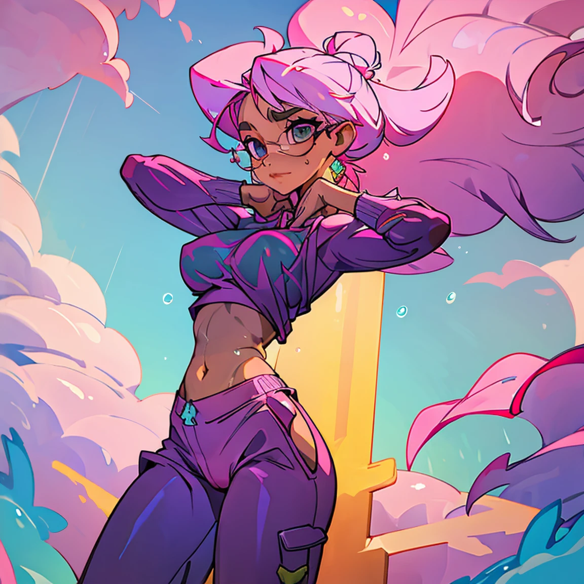 (masterpiece, best quality:1.2), ultra detailed 8k image, cowboy shot, (solo), (1girl):1.5, glasses, long fluffy pink hair, hair blowing, gorgeous body, wide hips, slight smile, crop top, ((very sexy transparent (wet sweatpants)) with exposed navel), musculous belly, gorgeous huge breasts, ((pink breasts niples) under very transparent wet sweatpants), (cameltoe), wet body and clothes.