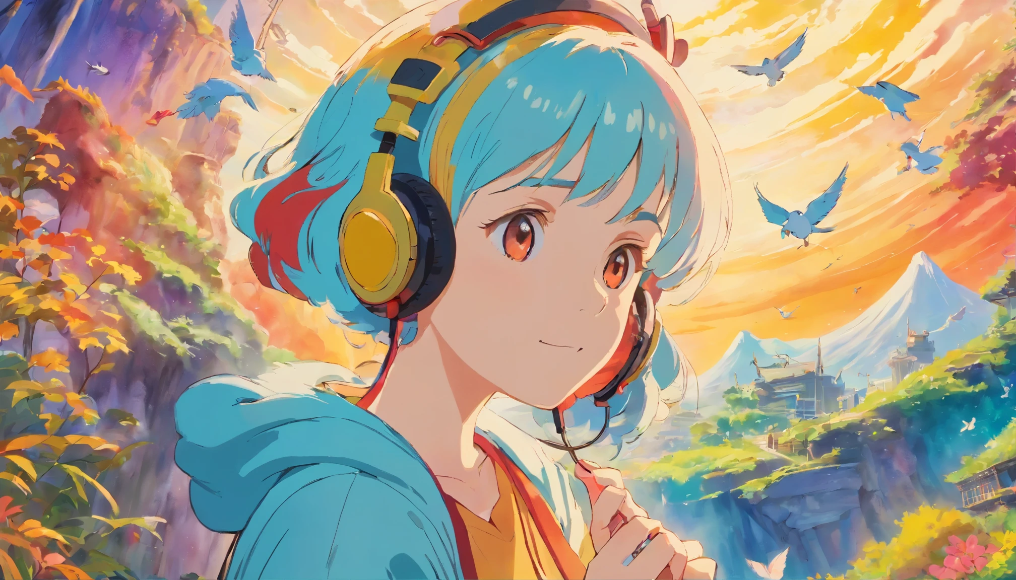 Ghibli's painting style　Woman listening to music in headphones　Fantasy　colorful