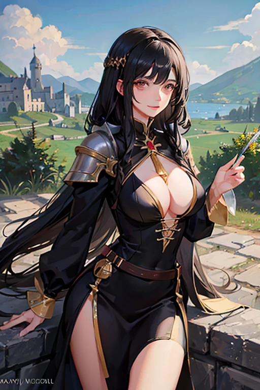 Italian girl 25 years old, very long black hair, busty, very long black hair, fantasy sorceress, medieval fantasy world