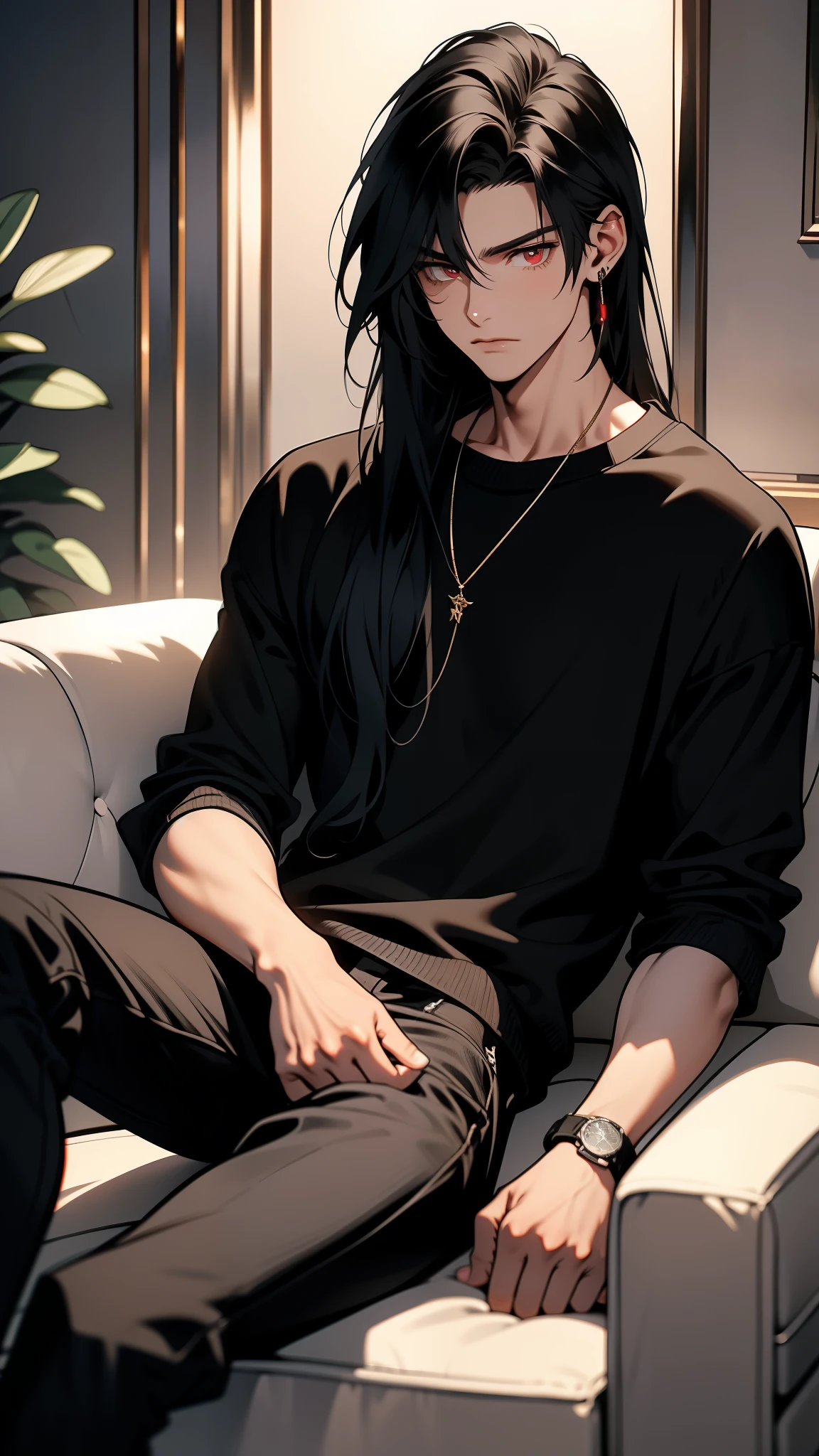 A 19 year old boy with long hair, He has red eyes and black hair, he has black skin and straight hair, He has a depressed expression, he is wearing a black sweatshirt, black jeans and All star sneakers. He is sitting on a sofa with his arms crossed, The setting around him is that of a luxury vintage mansion.