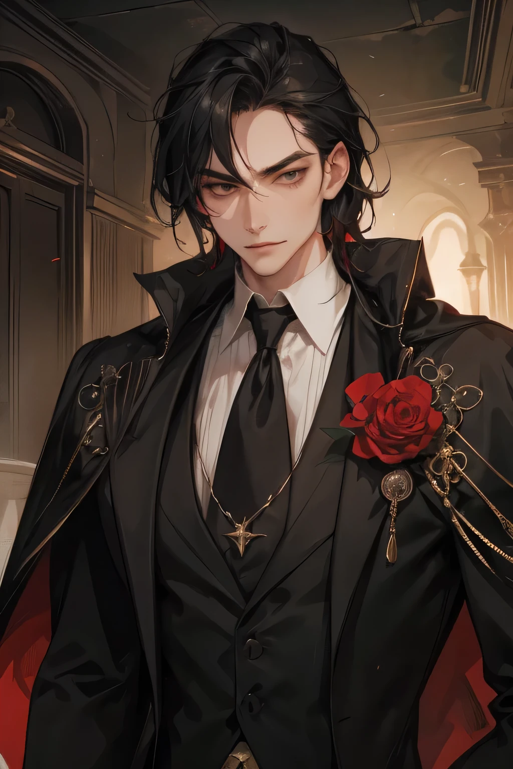 male, adult, medium black messy hair, black eyes, adult face, adult, victorian suit,, chest armor, fantasy, vampire, smirk, red wizard, big body