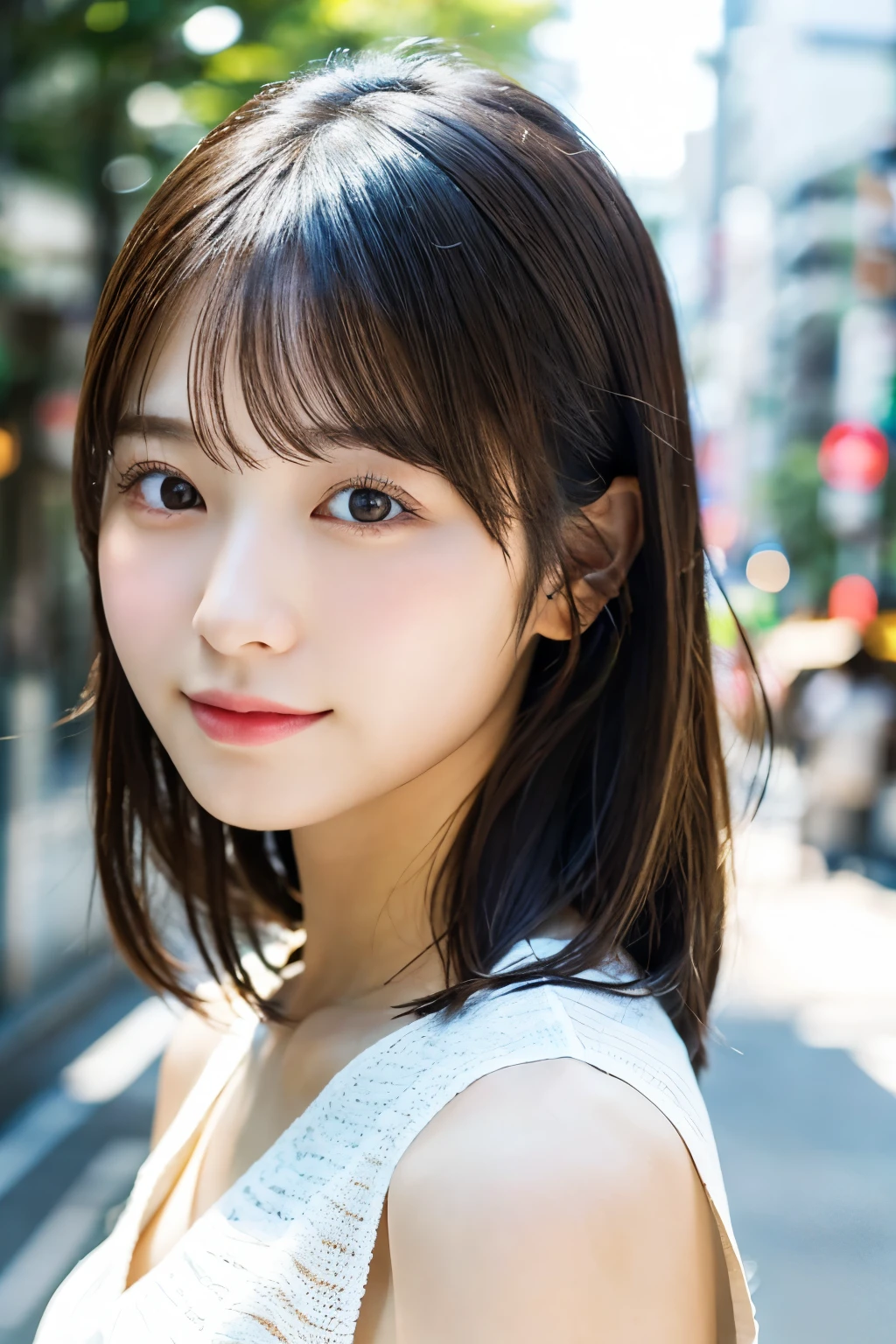 ((Photoreal)), 8K full-length portrait, (Beautiful woman), (Japanese woman), (detailed face), attractive look, Clear system, 18-year-old, Tokyo city, summer, for the background, medium hair,