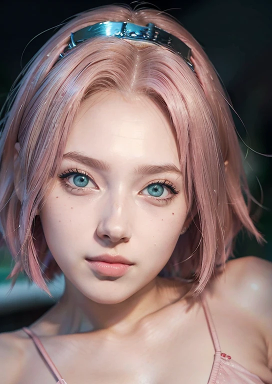 young woman, short shoulder-length pink hair, wide forehead, porcelain skin, pink eyebrows, big emerald green eyes, buttoned nose, full lips, heart-shaped face, slender body, small breasts, red tank top, Sakura Haruno , realistic, realism, details, 3d, well detailed
