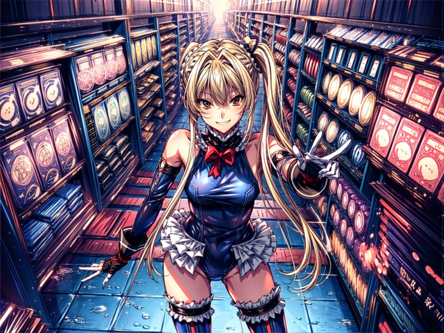 4K,Perfect Anatomy, highest quality, Marie Rose,Wicked Smile,Provocative attitude
,,Wicked Smile,Anime Style,(Frilled swimsuit, Knee socks, Removed sleeve), (Anime Style:1.4) ,
,(White fingers:1.1,Black gloves),
Hollow Eyes,whole body,3girls、(In the research facility:1.4)
