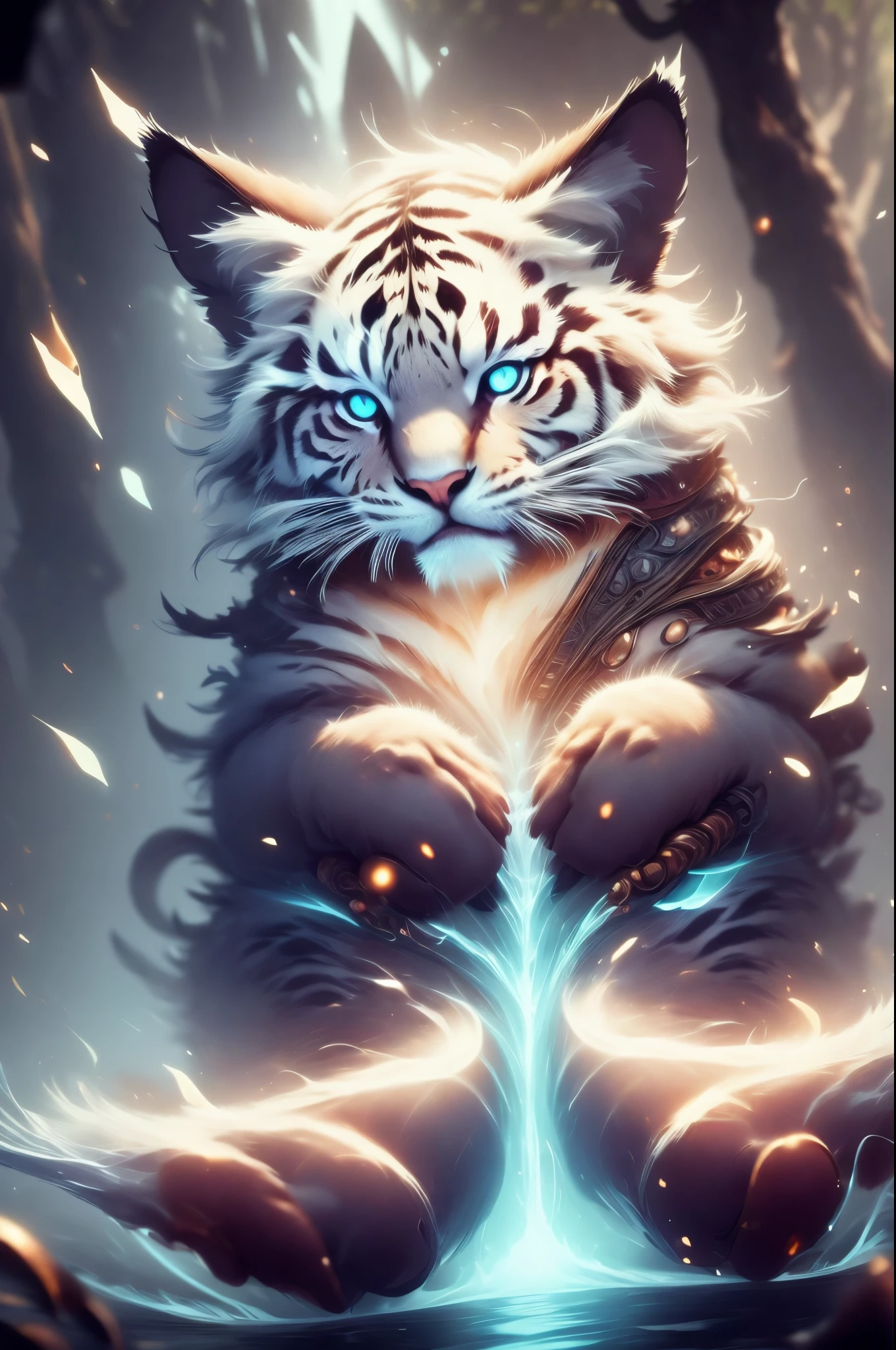 detailed fur on animals, vibrant and realistic colors, surreal landscape, ethereal atmosphere, mystical setting, magical sunlight, dreamlike reflections of water, dynamic composition, enchanting scene, intense and captivating emotions, intricate and fascinating details, shots of soft brush on canvas, harmonious color palette, striking contrast between light and dark, mythical creatures, powerful and majestic presence, deep connection, white tiger, enigmatic and thought-provoking story. if necessary to emphasize certain aspects of the prompt.